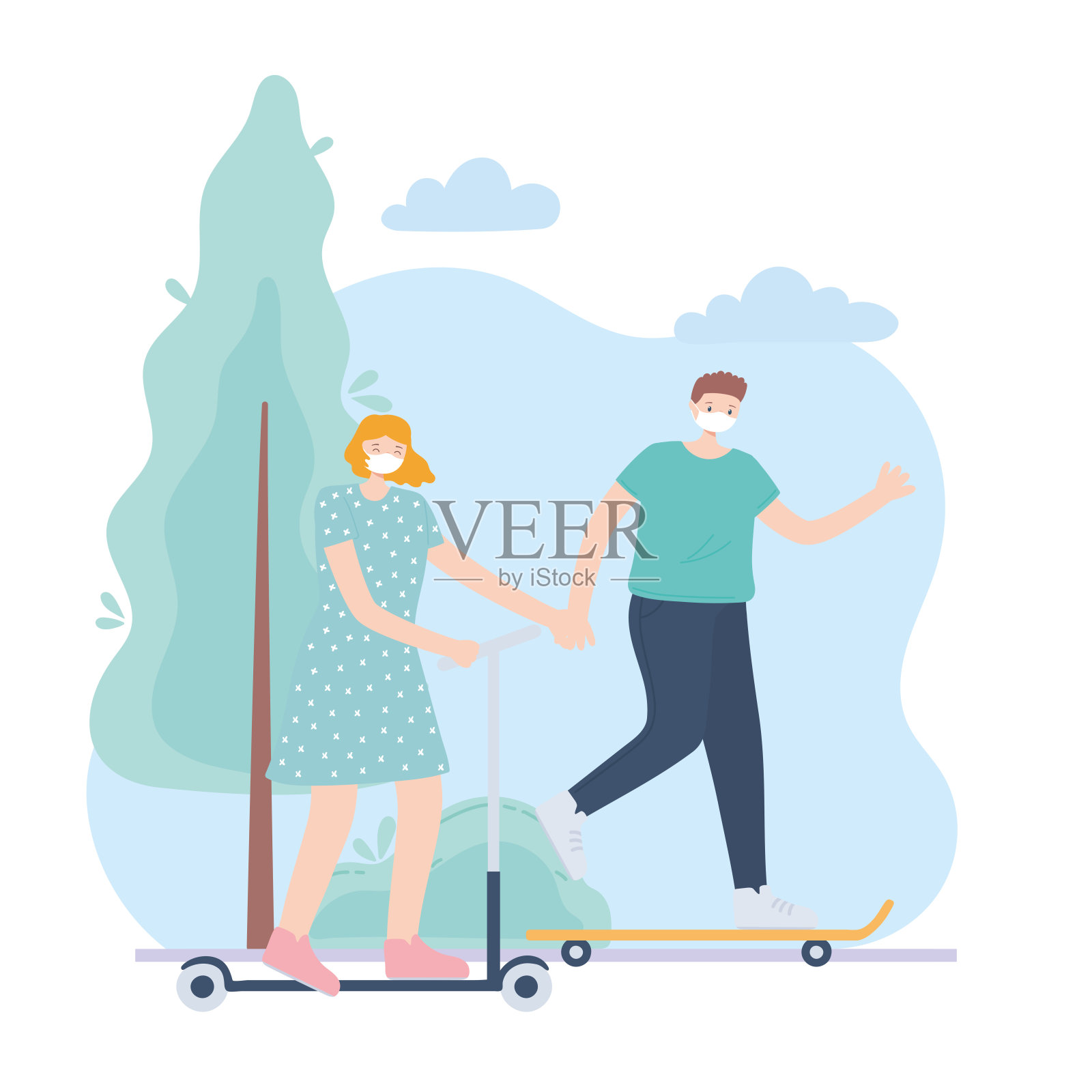 戴着医用口罩的人们,在公园里骑滑板车和溜冰的夫妇,在新冠肺炎期间的城市活动插画图片素材