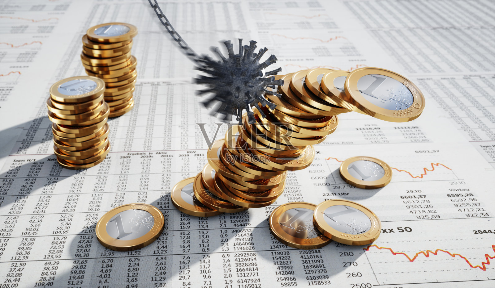 欧元硬币堆栈和电晕破坏球照片摄影图片