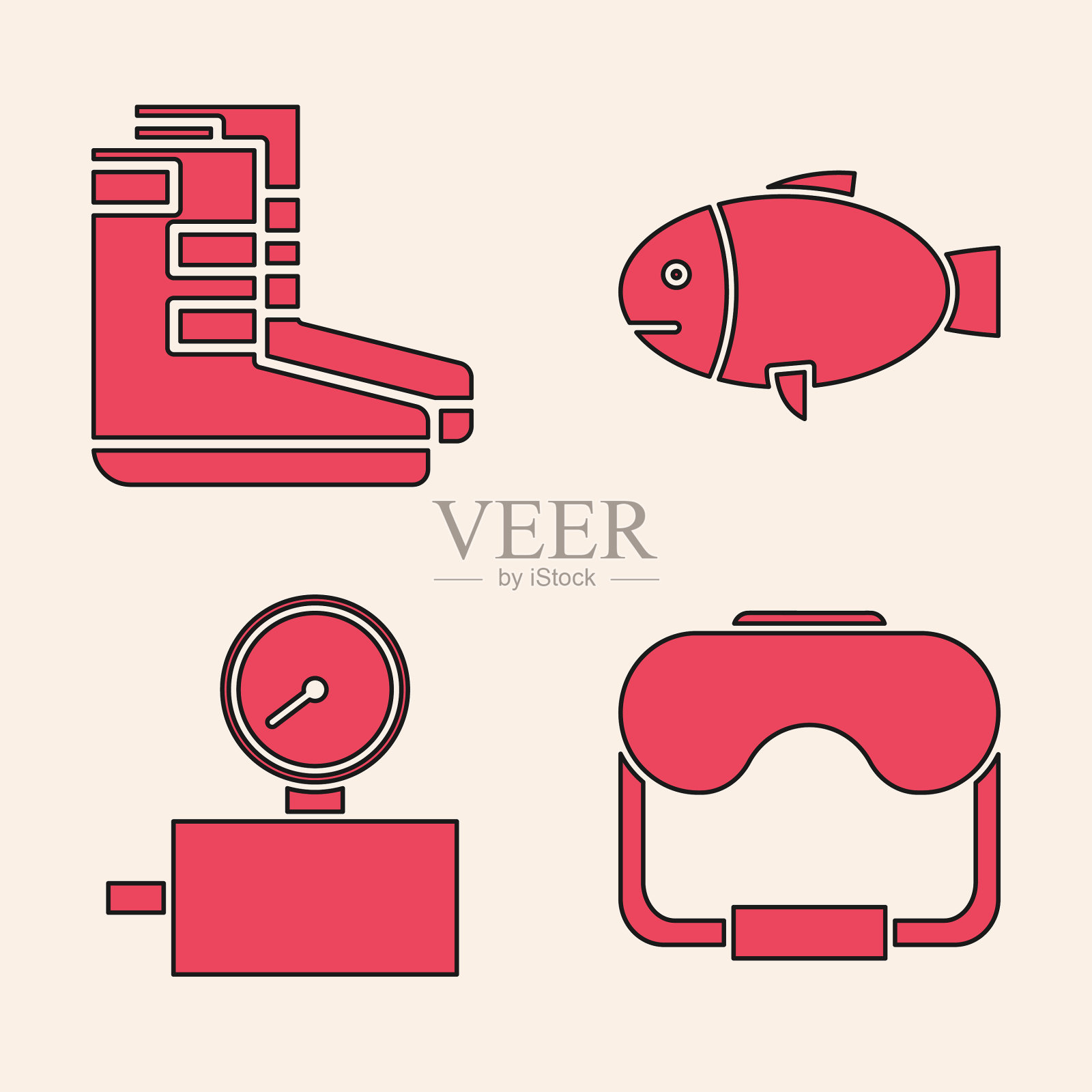 设置潜水面罩靴子鱼和仪表秤图标图标素材