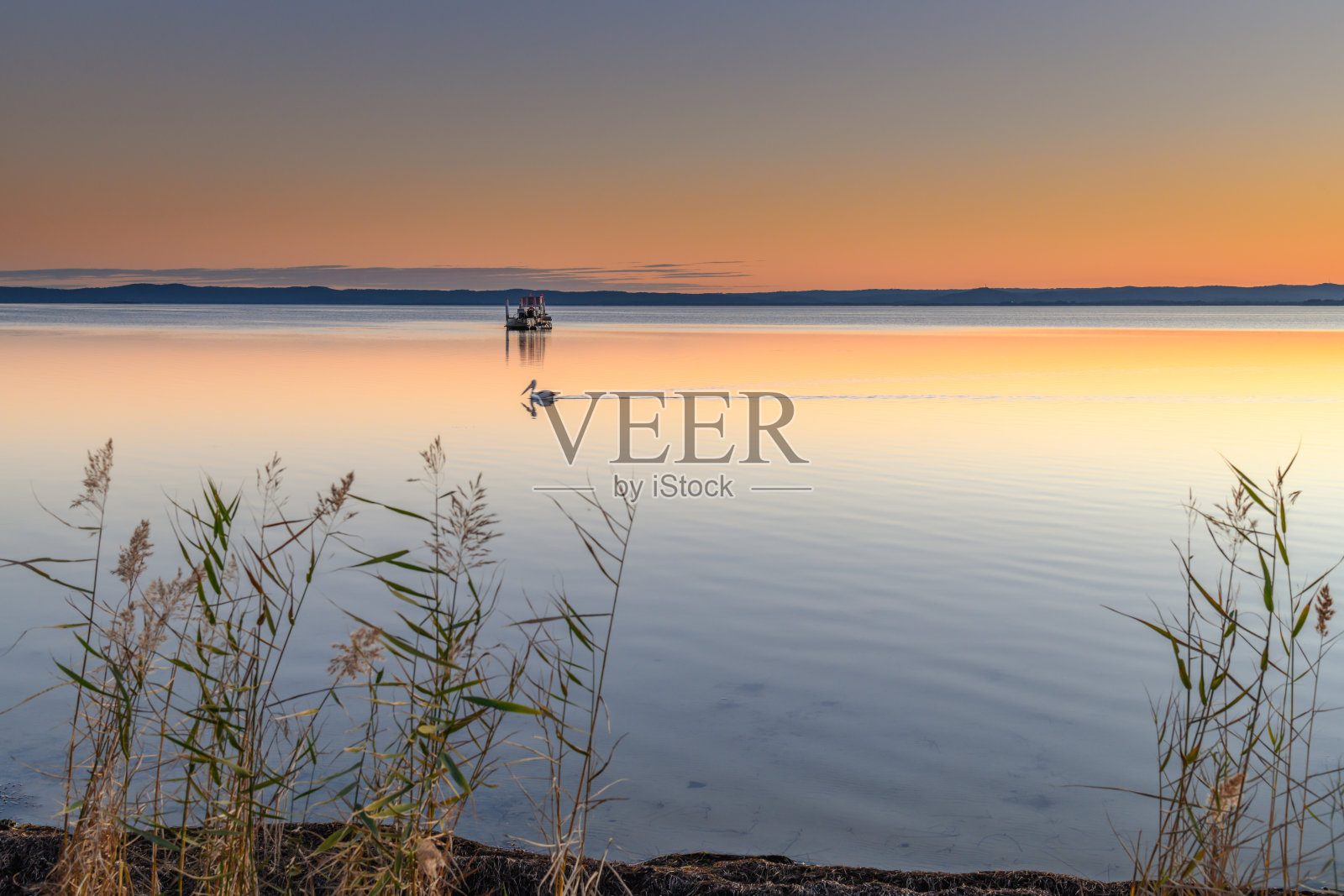 日落湖与晴朗的天空和收割机照片摄影图片
