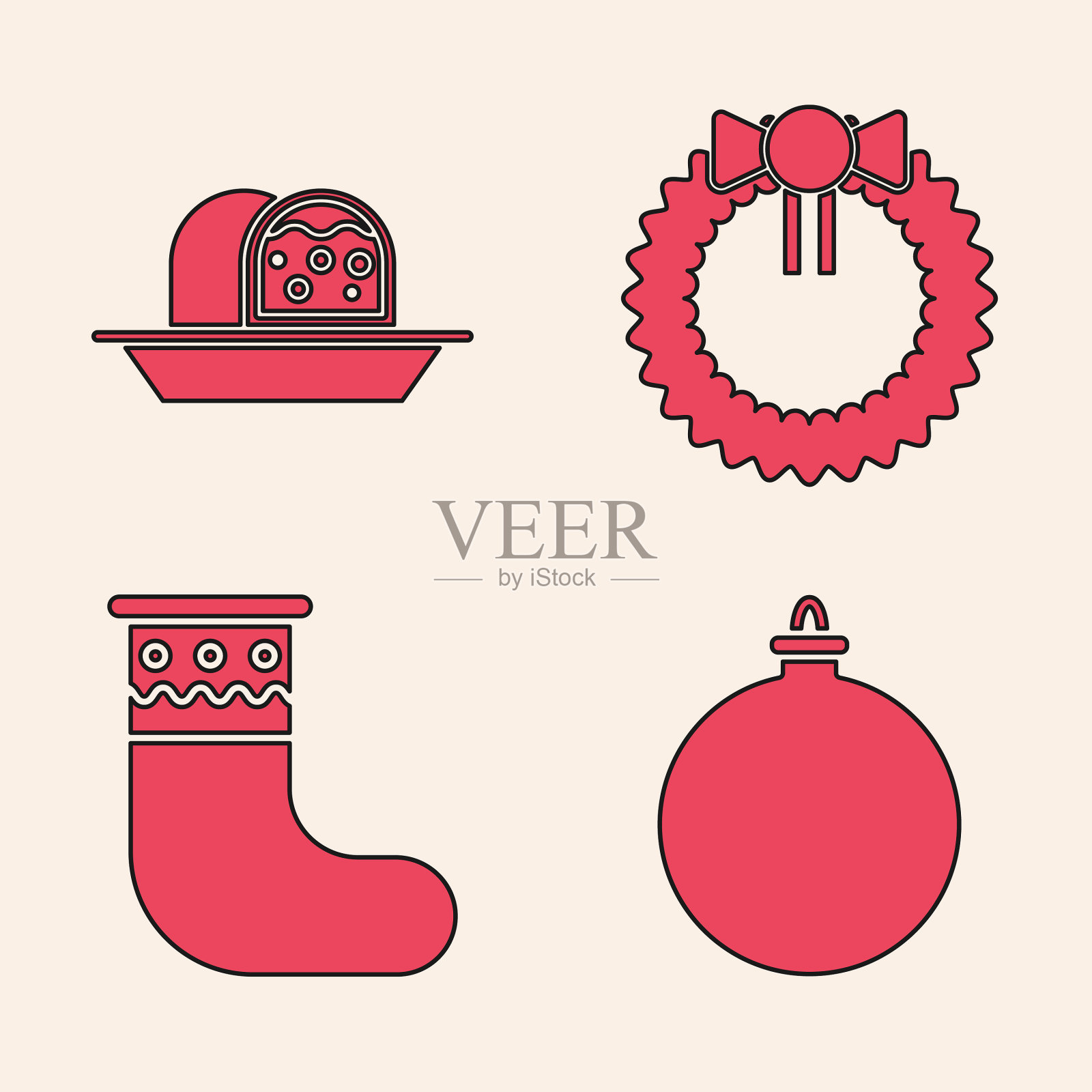 设置圣诞球杏仁软糖海绵蛋糕图标素材