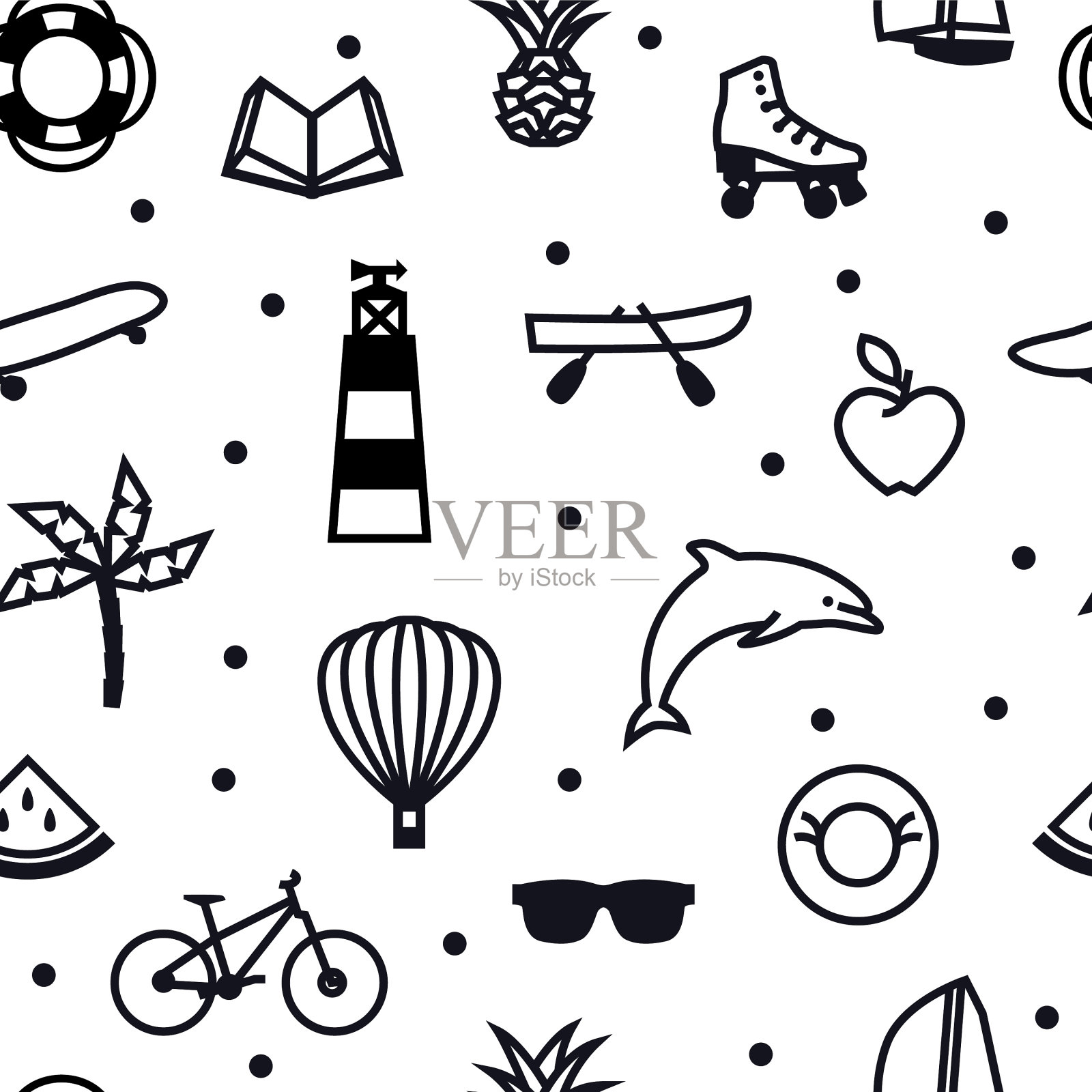 夏季图标颜色无缝图案黑线插画图片素材