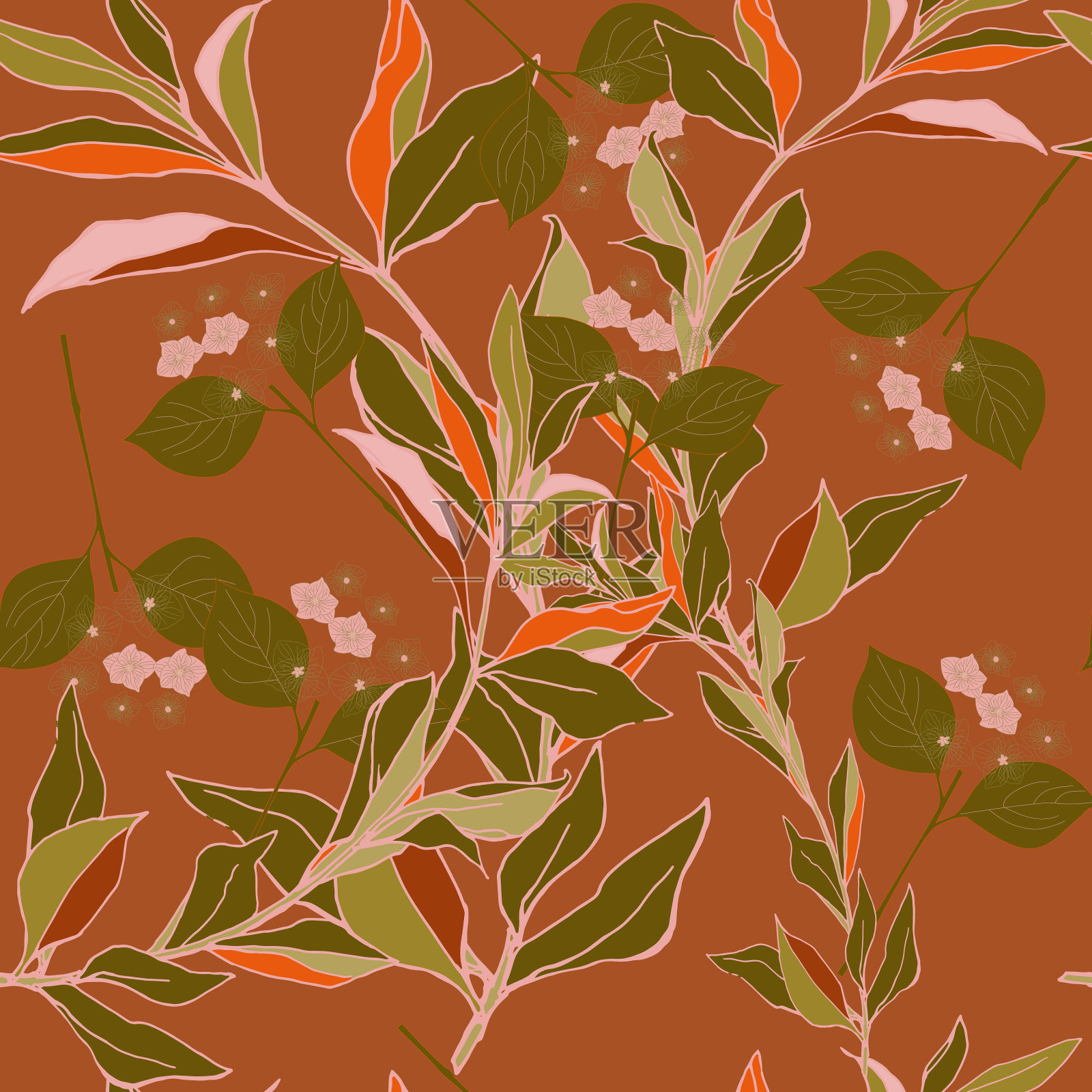 树枝上有鼠尾草绿色的叶子,上面有红色的叶子插画图片素材