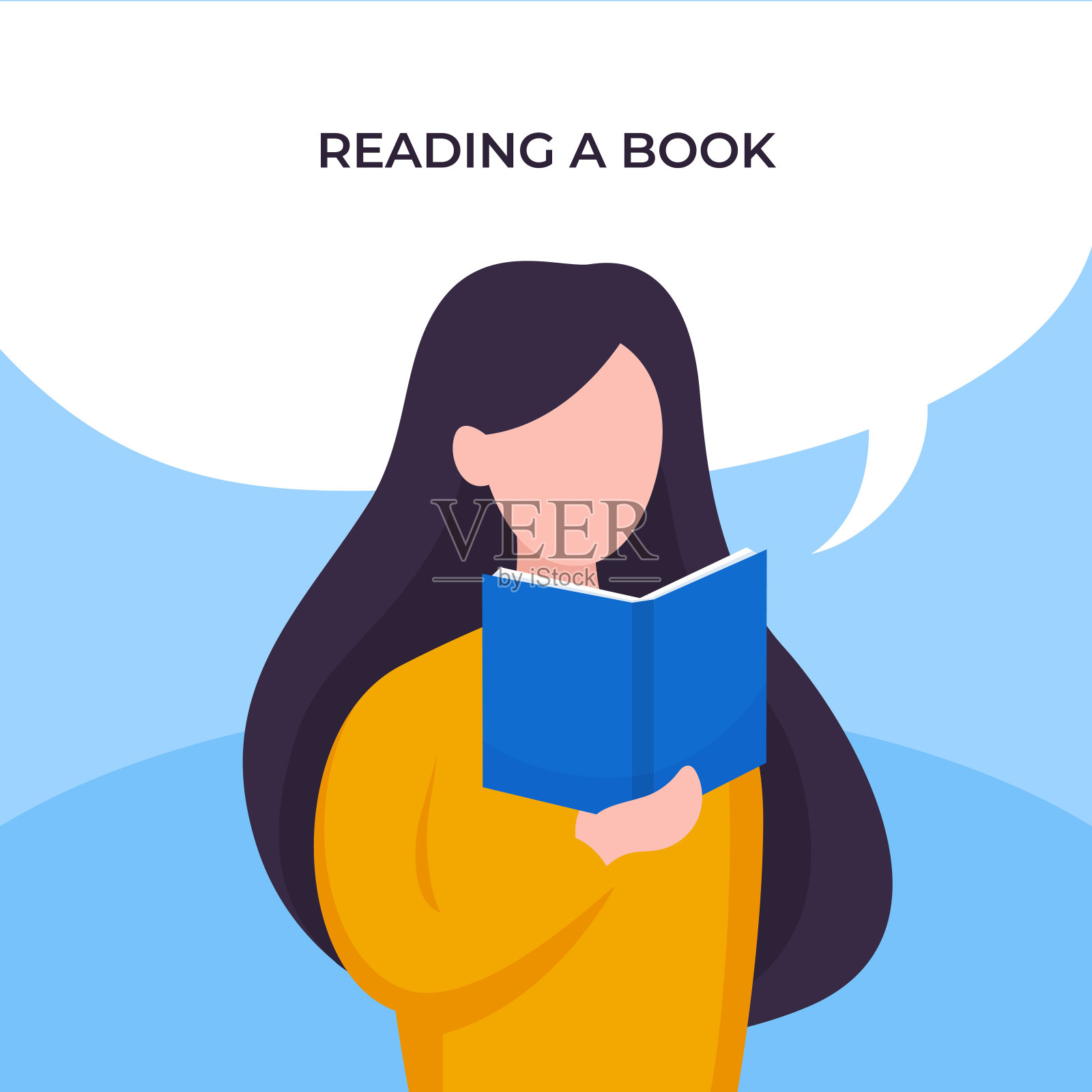 女孩读一本书与气泡聊天头部矢量插图。长发女拿着一本书海报设计插画图片素材