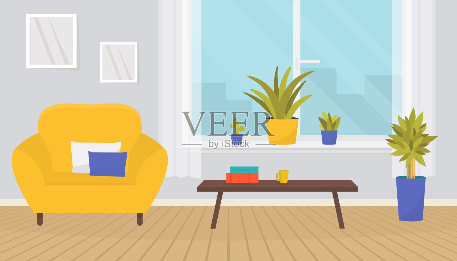 时尚的客厅内部家具。柔软的扶手椅,咖啡桌,壁画,窗台上的植物。家居设计。现代公寓,木地板和大窗户。插画图片素材