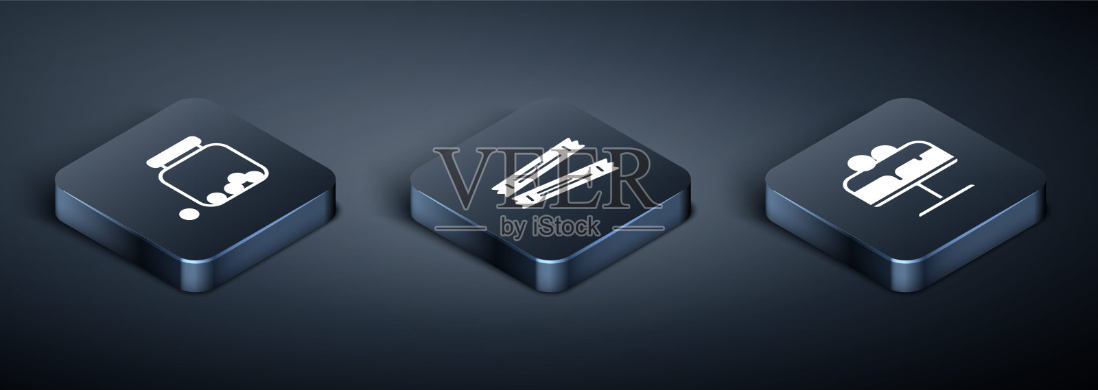 设置等距玻璃罐与糖果内,蛋糕在盘子和糖棒包图标。向量图标素材