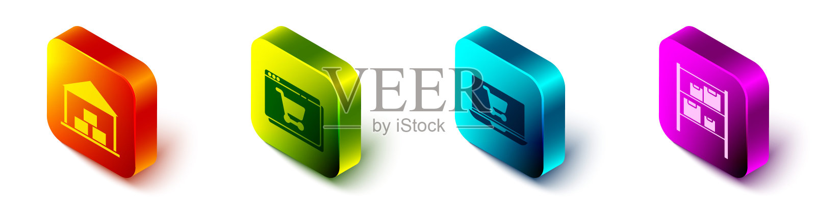 设置等距仓库,网上购物在屏幕上,购物车在笔记本电脑和仓库图标。向量图标素材