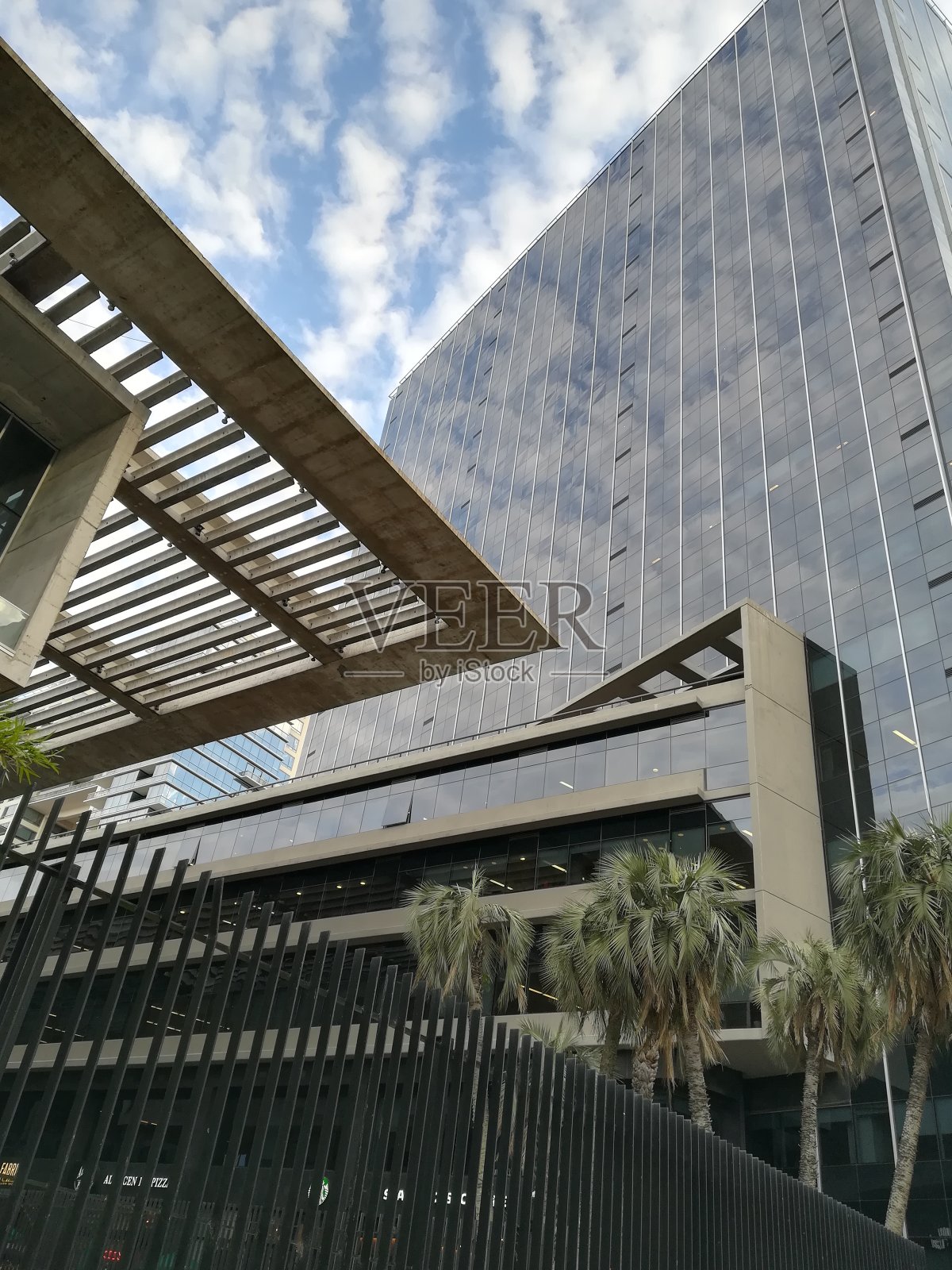 深色玻璃金融大厦,钢筋混凝土结构,前面有一些树照片摄影图片