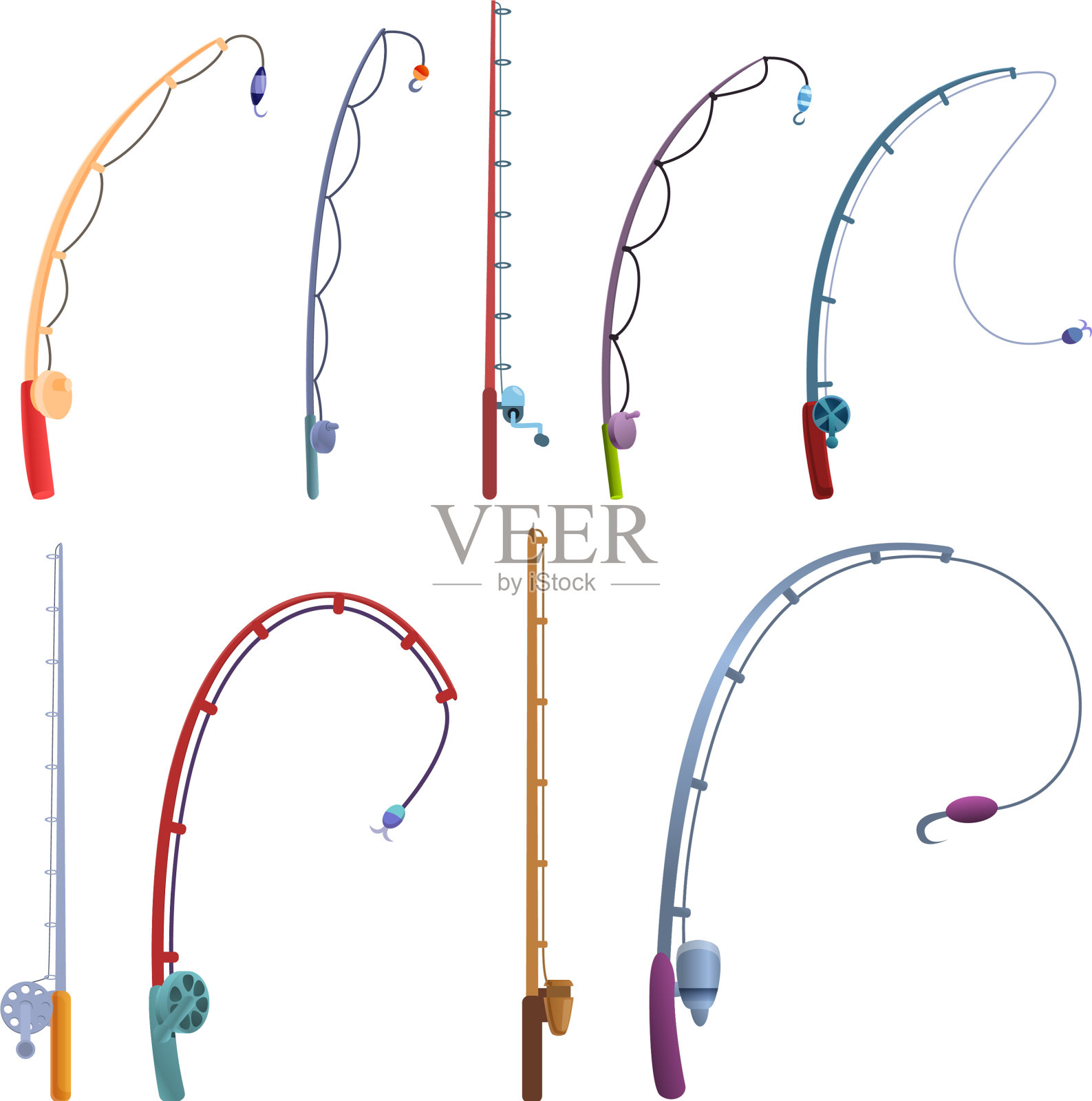 钓竿图标设置卡通风格图标素材