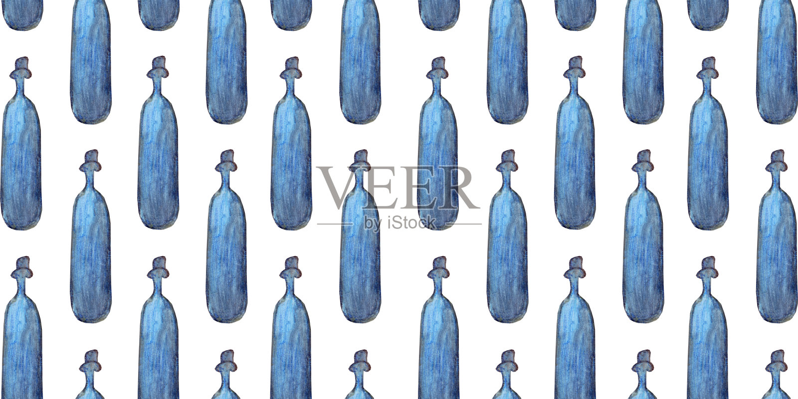 无缝图案的彩色酒瓶与软木塞。不同形状的绿色和蓝色玻璃瓶。插画图片素材