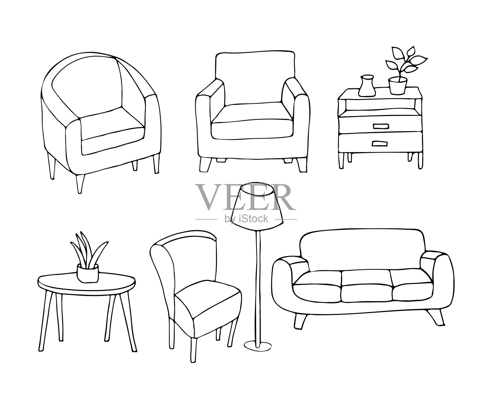 涂鸦家居图标收集在向量。手绘家居家具集合在向量。一套涂鸦家居家具图标矢量插画图片素材