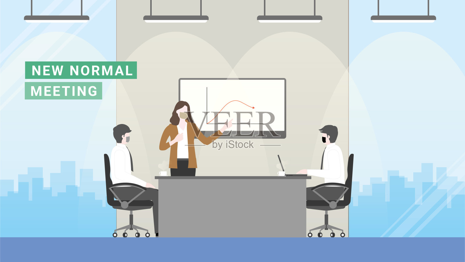 商业危机亏损盈利。covid-19冠状病毒大流行后的会议介绍。职场戴口罩已成为新常态。平面设计风格矢量概念插画图片素材