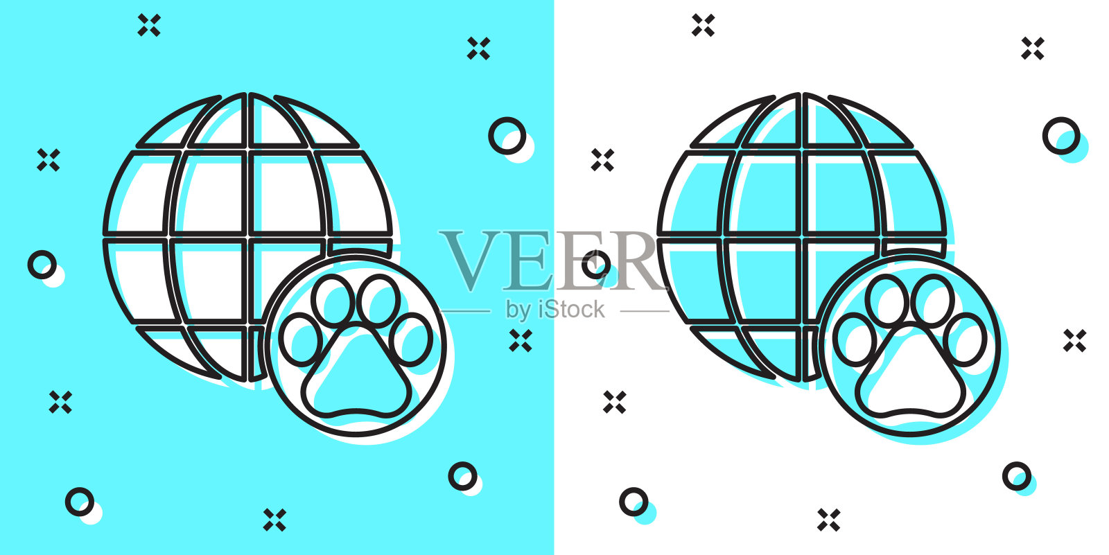 黑线世界宠物图标隔离在绿色和白色的背景。随机动态形状。向量插画图片素材