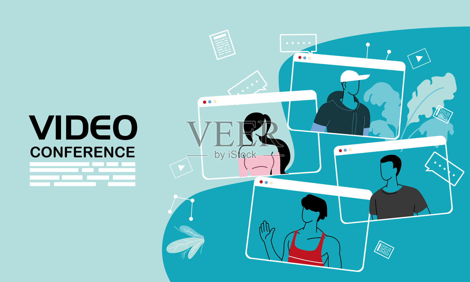 戴着口罩参加视频会议的人插画图片素材