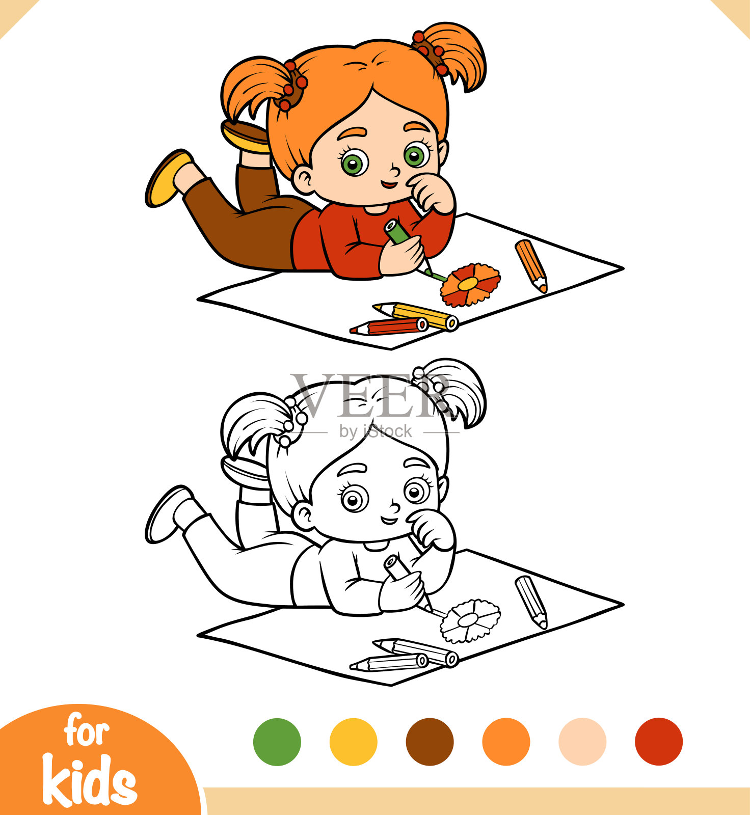 涂色书,小女孩用彩色铅笔画一朵花插画图片素材