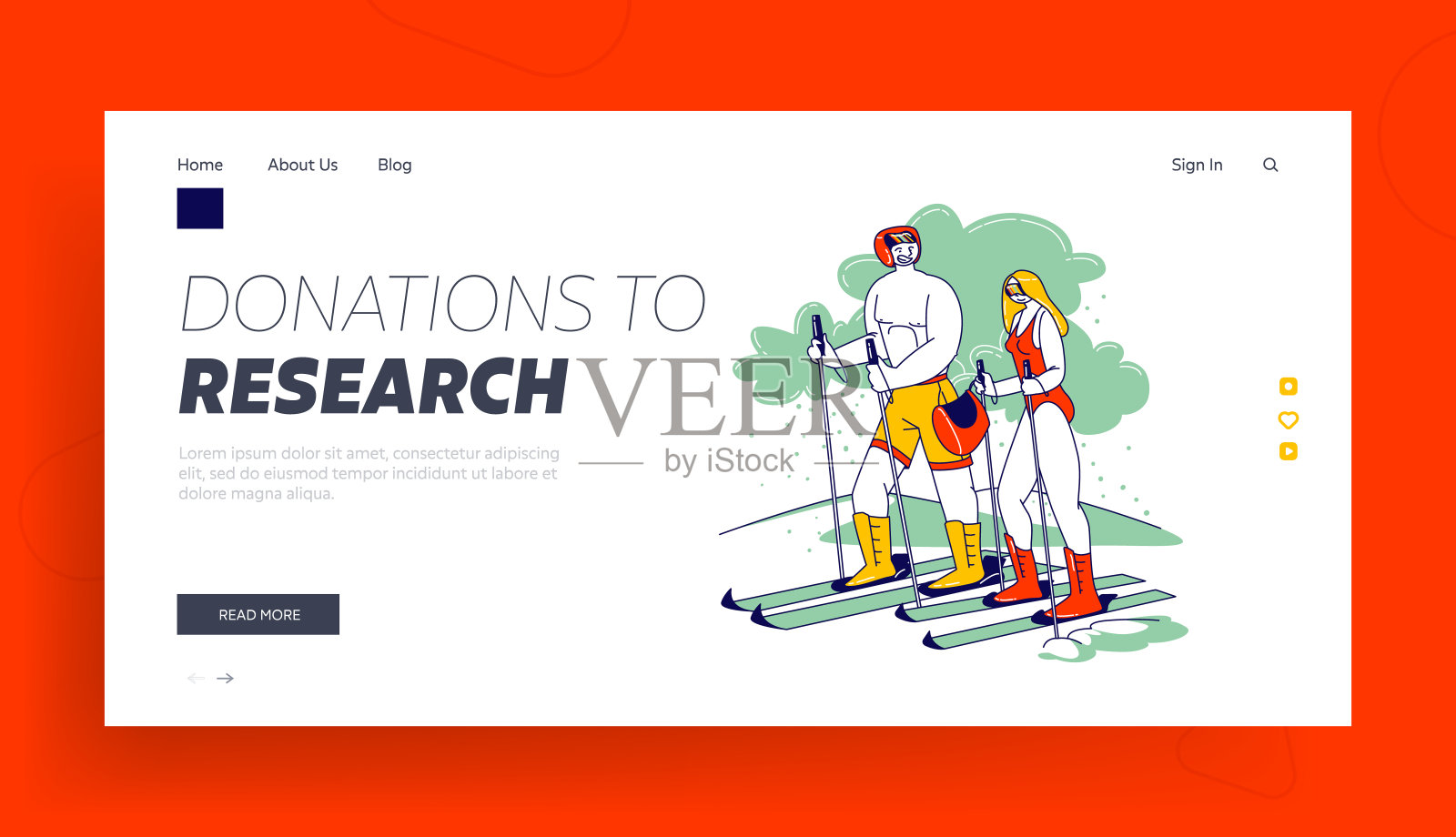 两个角色在山上滑雪着陆页面模板。男人和女人穿泳衣和头盔骑滑雪插画图片素材