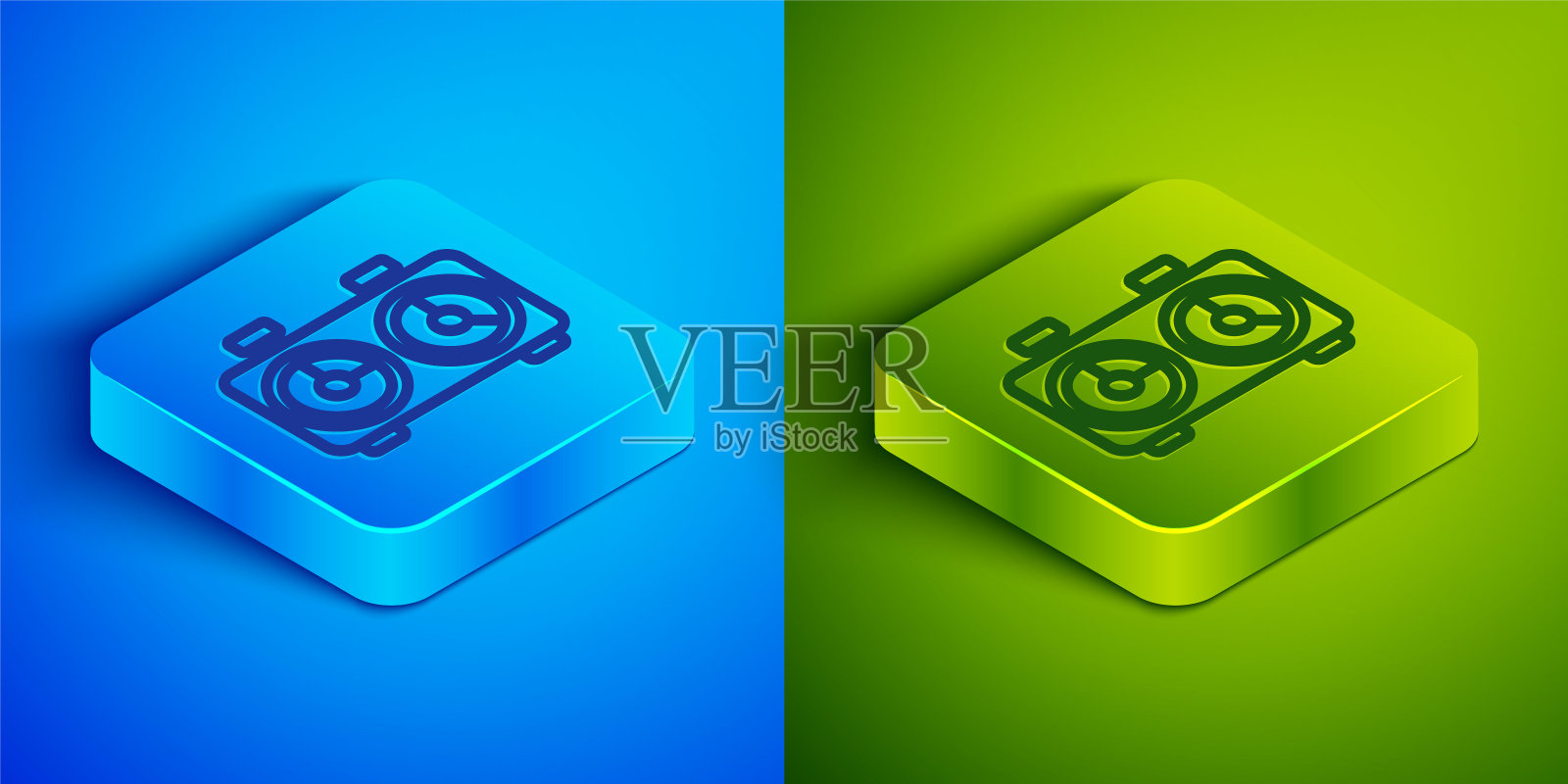 等距线时间象棋时钟图标孤立在蓝色和绿色背景。运动设备。方形按钮。矢量图图标素材