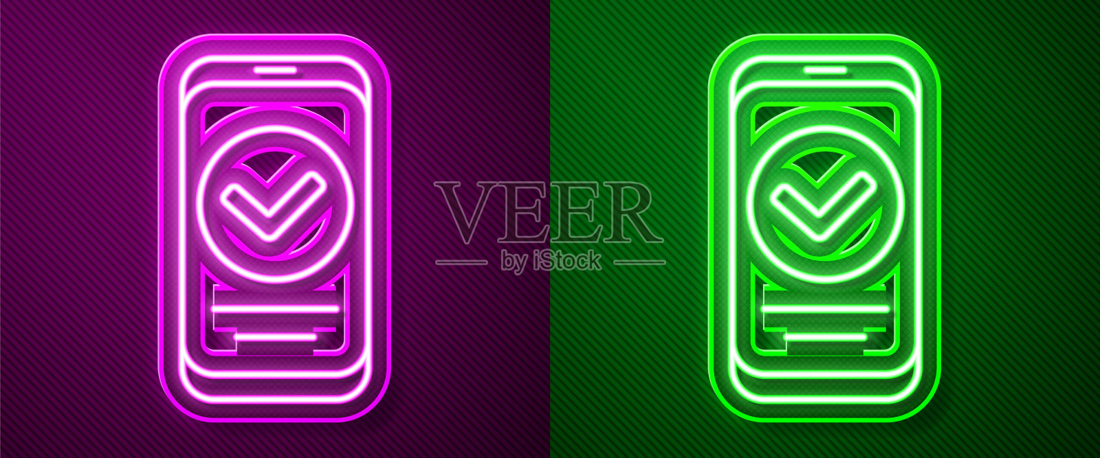 发光的霓虹线智能手机,手机图标孤立在紫色和绿色的背景。向量插画图片素材