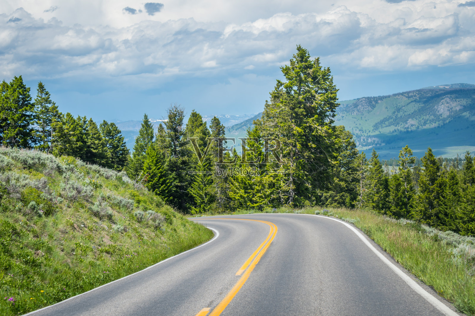 在怀俄明州黄石国家公园的一条长长的道路上照片摄影图片