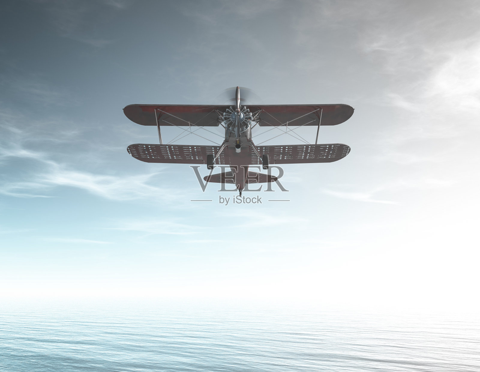 飞机在海上飞行。这是一个3d渲染图。照片摄影图片