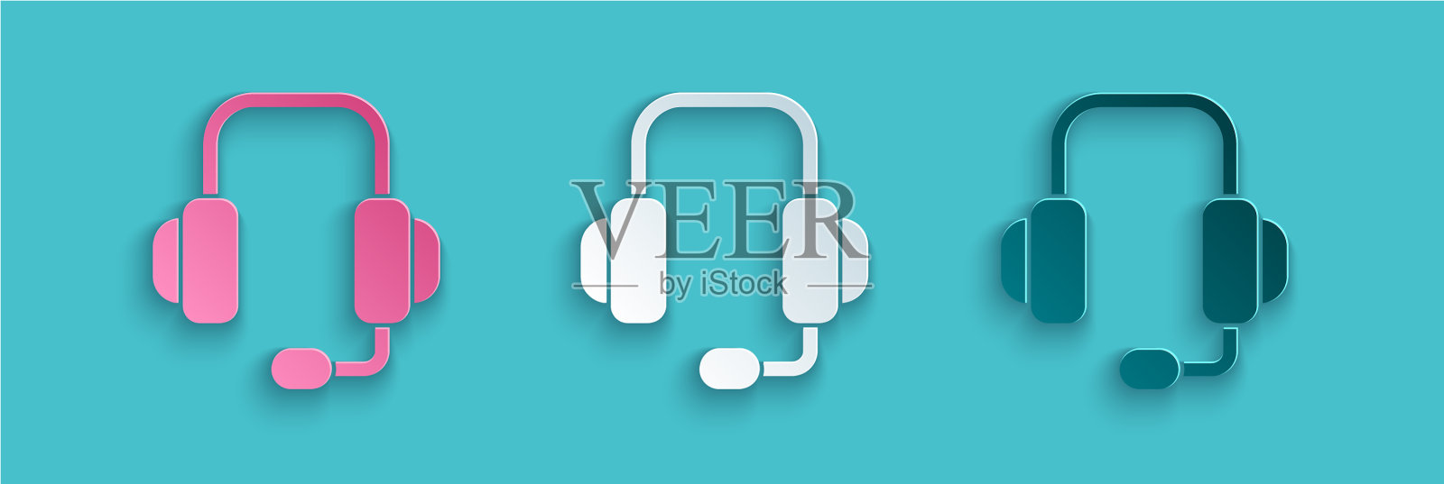 剪纸耳机图标孤立在蓝色插画图片素材