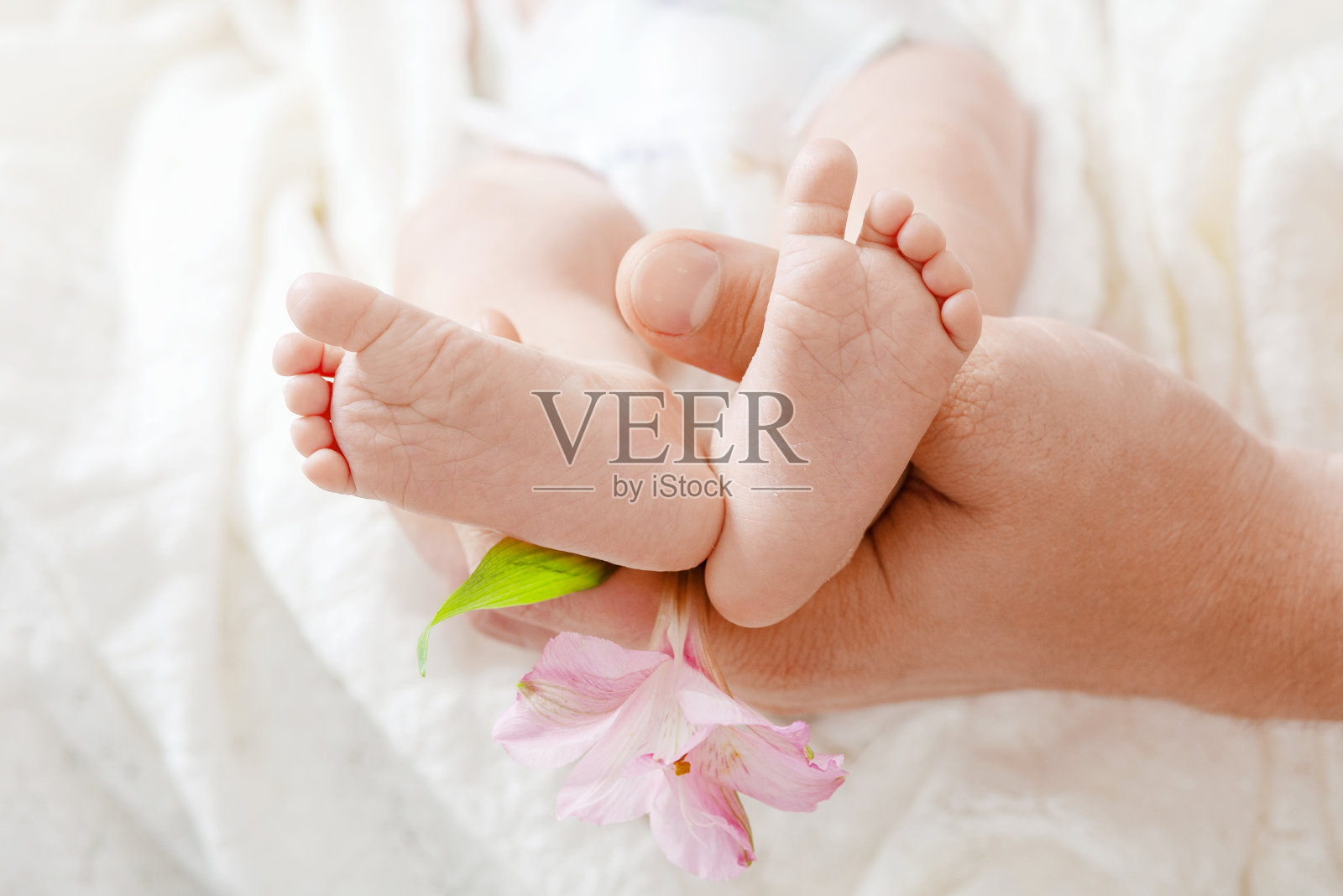 父母双手捧着新生婴儿的脚。小新生儿的脚上的手特写。妈妈和她的孩子。幸福的家庭的概念。美丽的母性概念形象。照片摄影图片