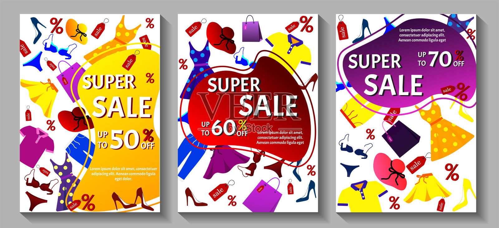 一套超级促销横幅与服装和不同的衣柜元素。设计模板素材