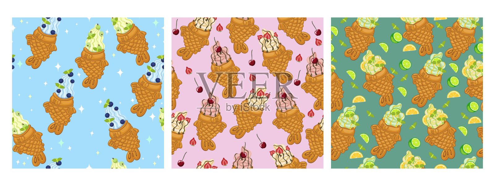 一套无缝图案的冰淇淋taiyaki。矢量图形。插画图片素材