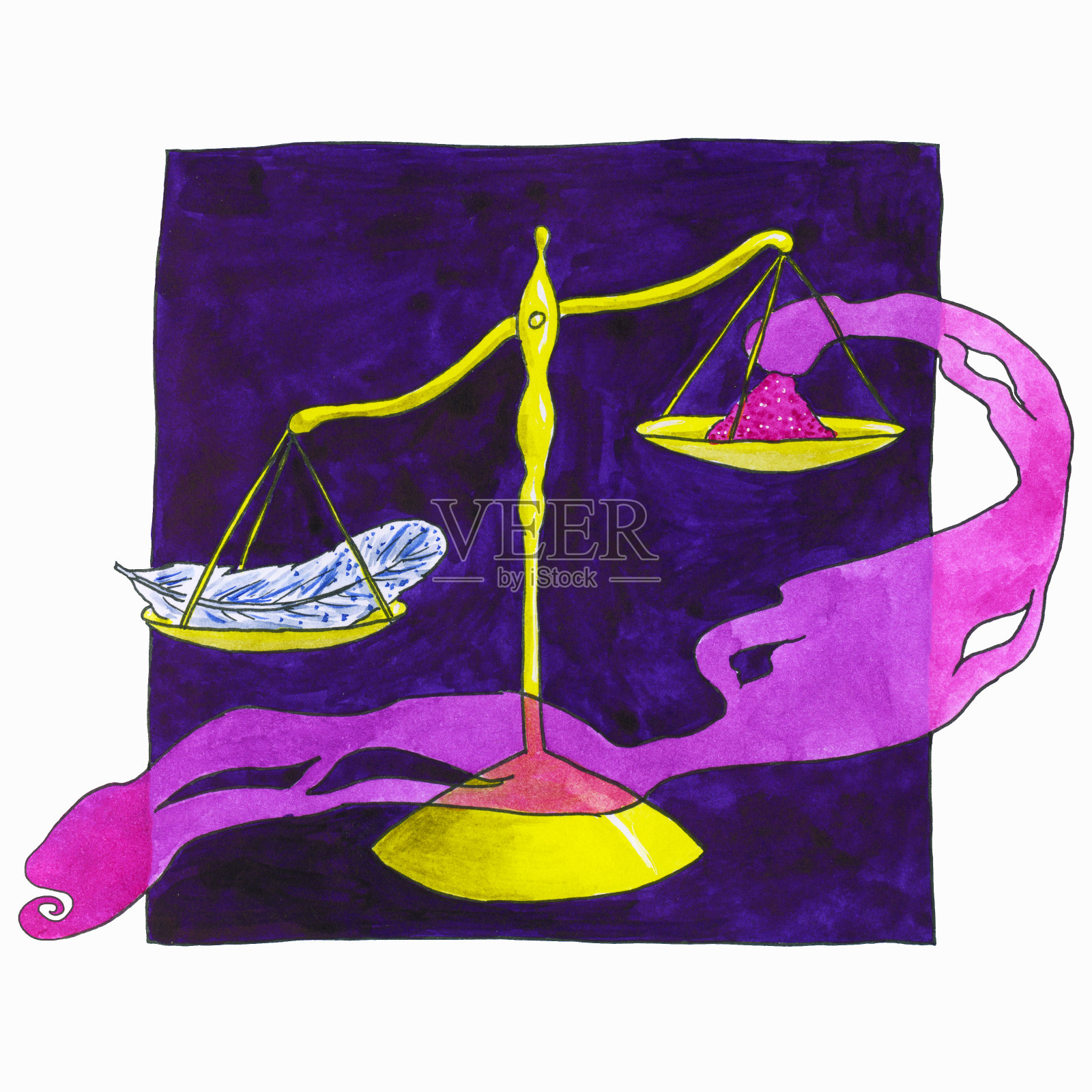 魔术规模与轻粉与烟和羽毛在紫罗兰方形背景。金对秤用烟量魔法面粉的重量。巫师家的装备。紫色的插画图片素材