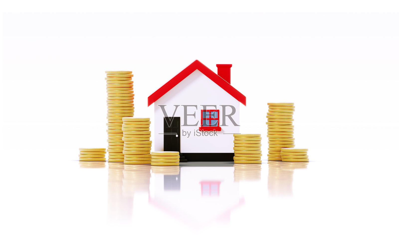 白色玩具房子坐在硬币堆在白色背景:保险和房地产概念照片摄影图片