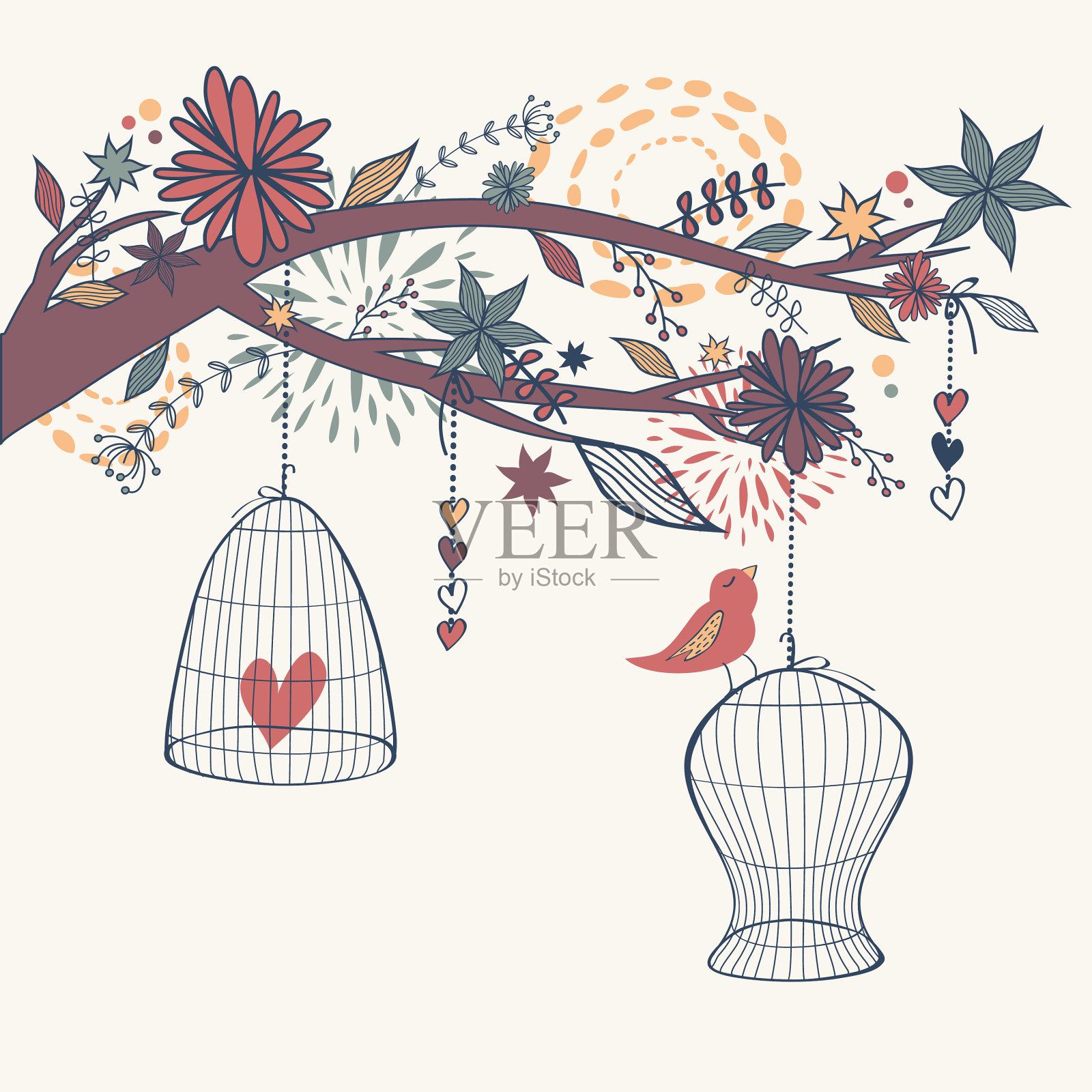 浪漫与鸟在笼子里,树枝和插画图片素材