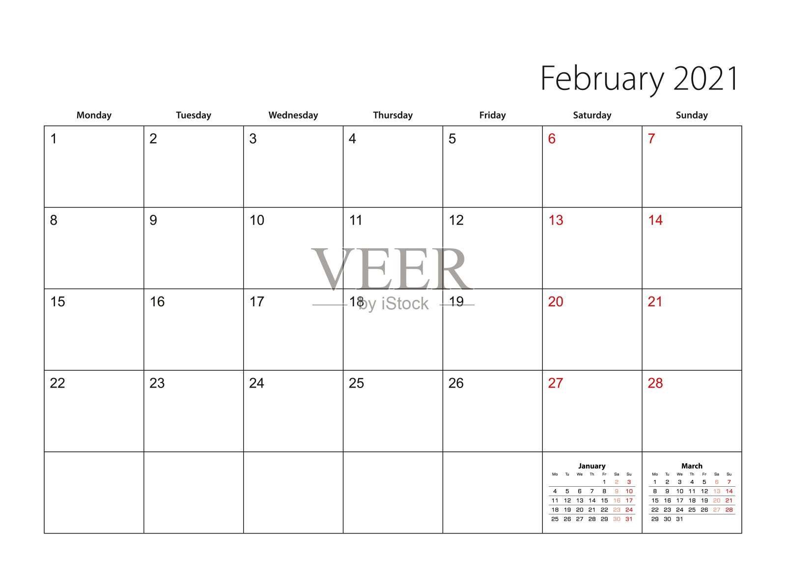 2月2021年简单日历计划,每周从周一开始。设计模板素材