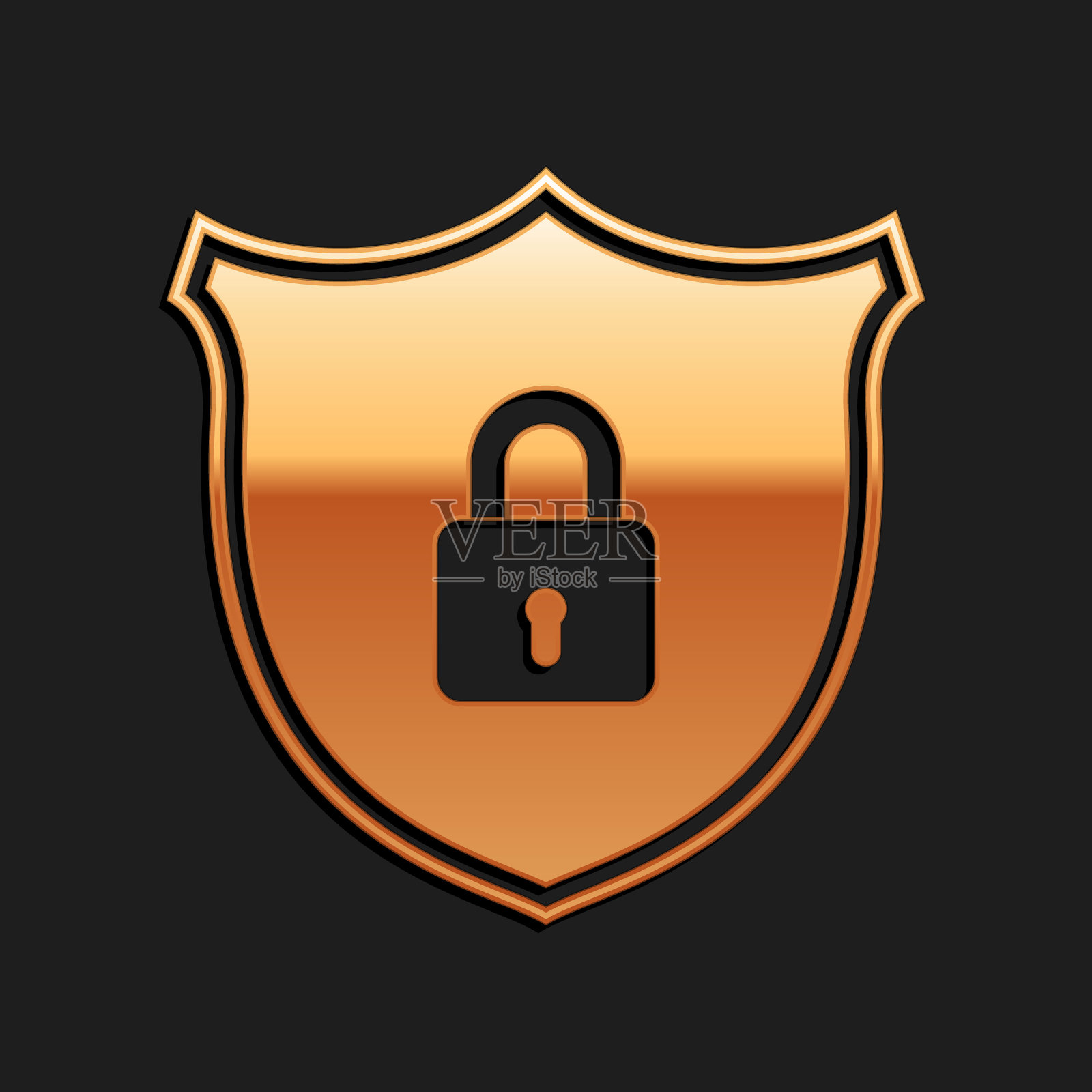 金盾安全与锁图标隔离在黑色背景。保护,安全,密码安全。防火墙访问隐私标志。长阴影风格。向量插画图片素材