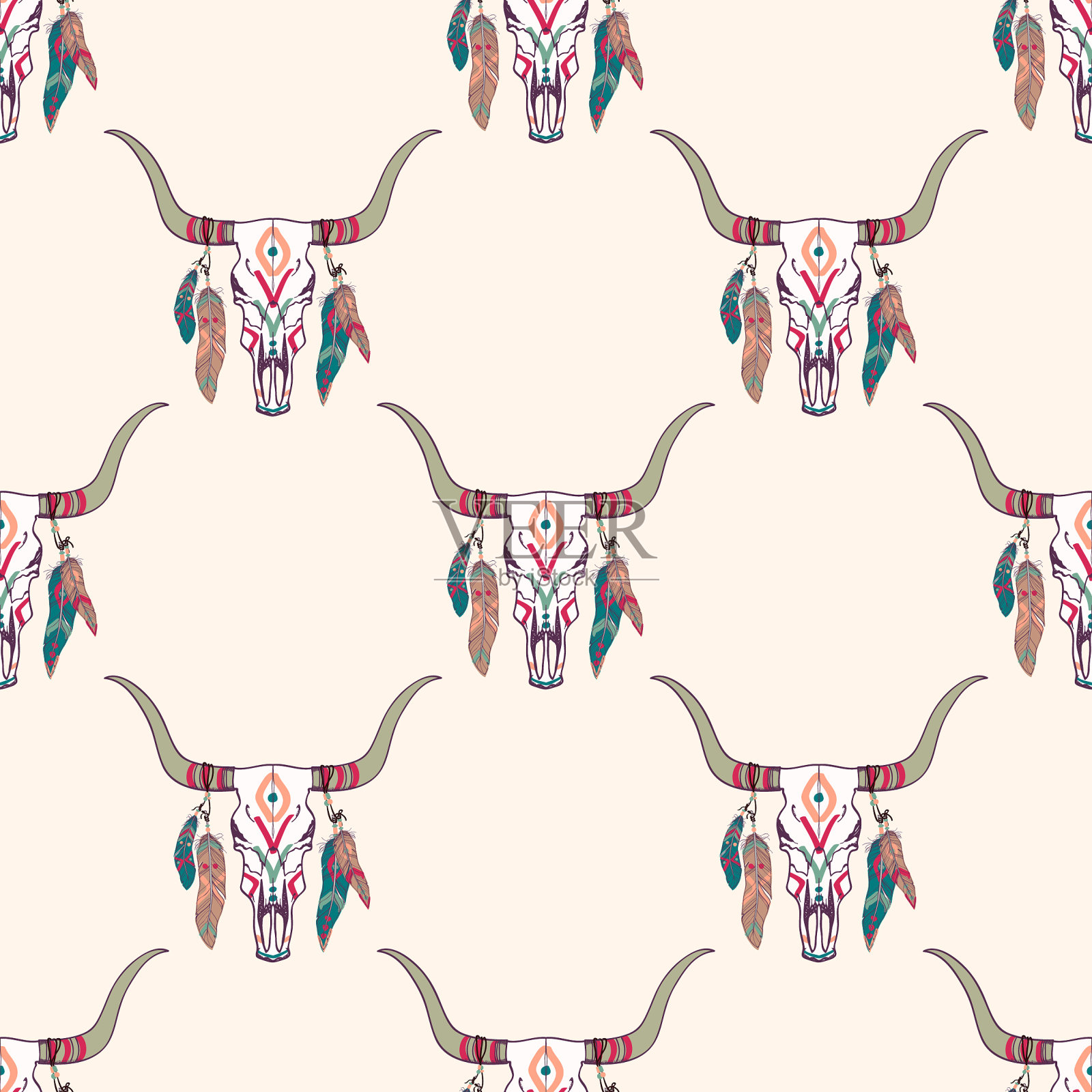 部落无缝图案,牛头骨和插画图片素材