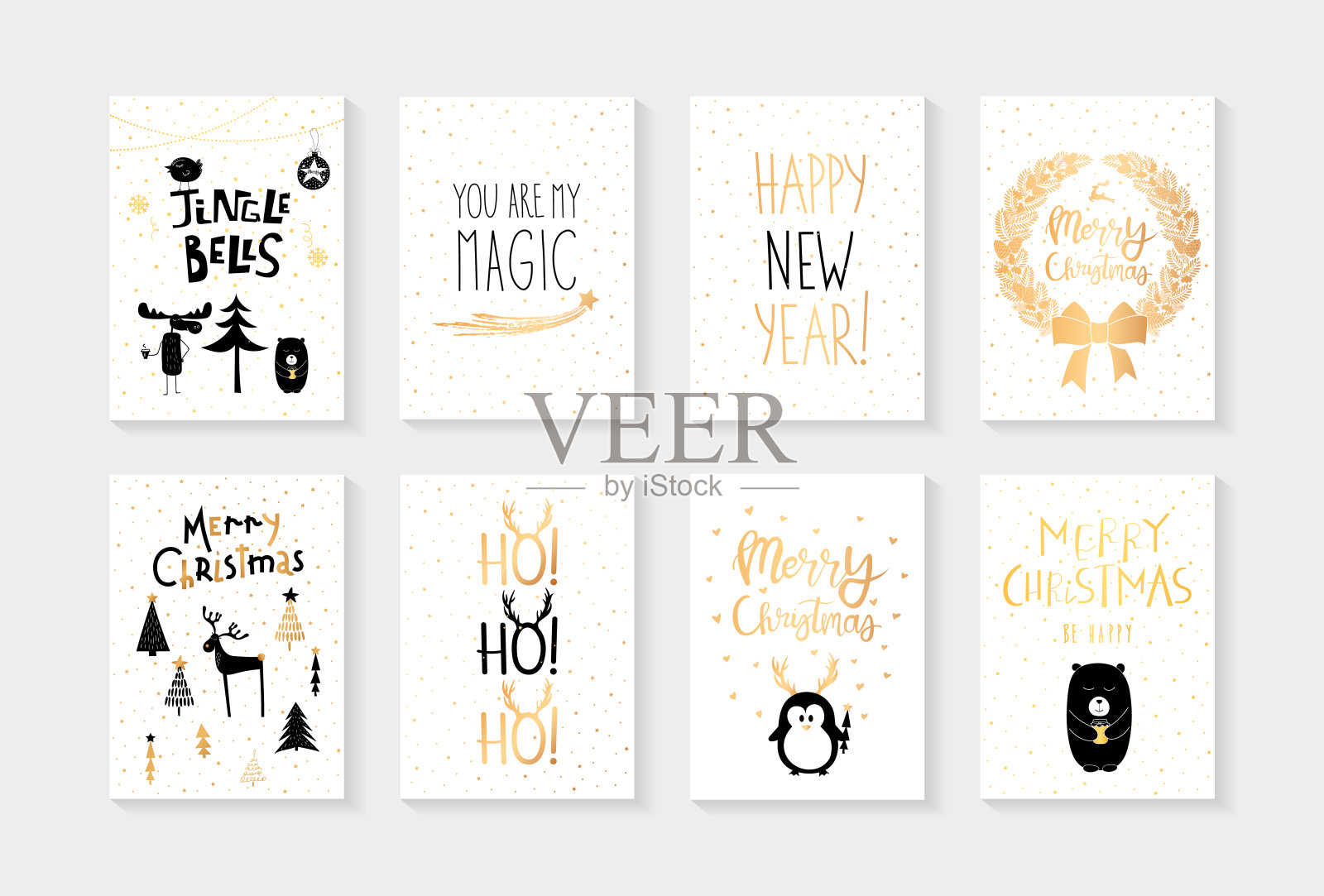 矢量集白色的斯堪的纳维亚圣诞卡与金手字母和手绘驼鹿麋鹿咖啡,熊,企鹅,云杉,鹿,圣诞树,花环孤立在白色背景插画图片素材