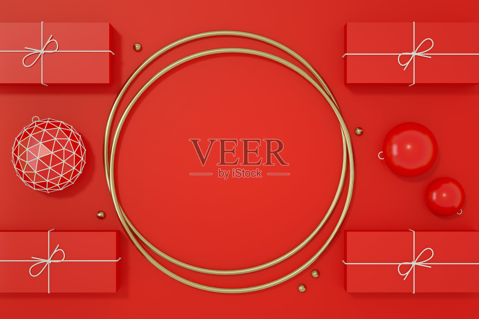 3D圣诞装饰品的红色背景,空的框架,新年的概念照片摄影图片