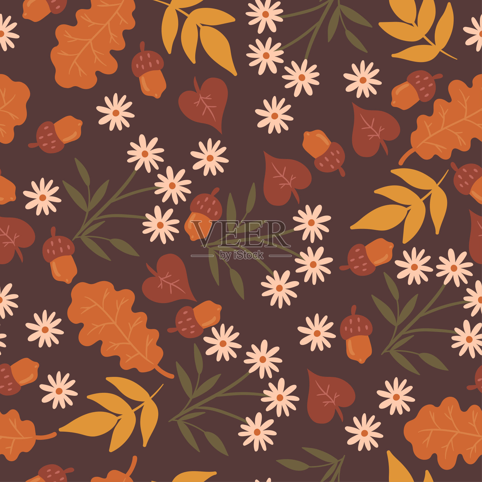 无缝图案与花和秋叶。矢量图形。插画图片素材