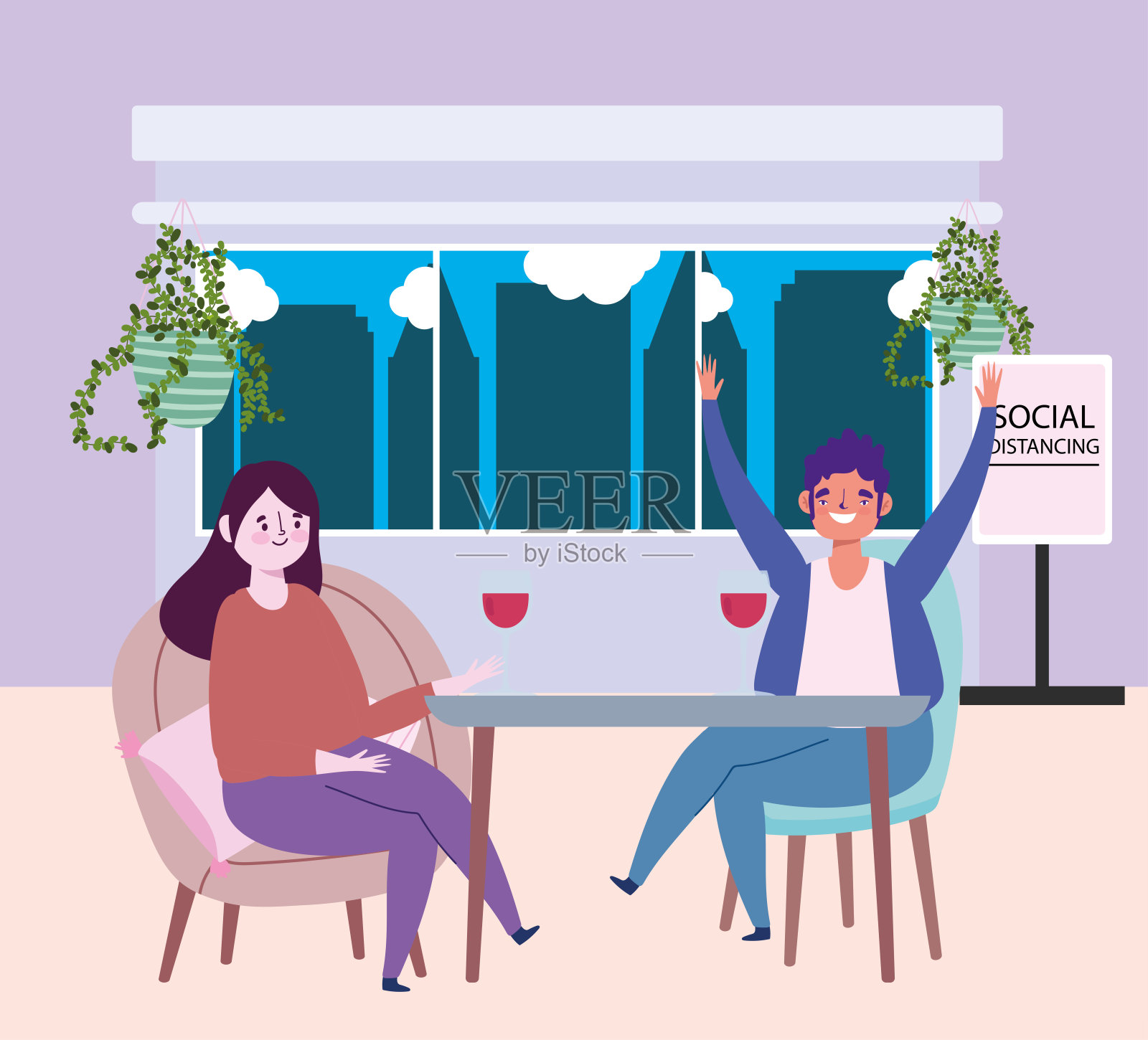 社交距离餐厅或咖啡厅,男女用酒杯酒保持距离,新冠肺炎,新常态生活插画图片素材