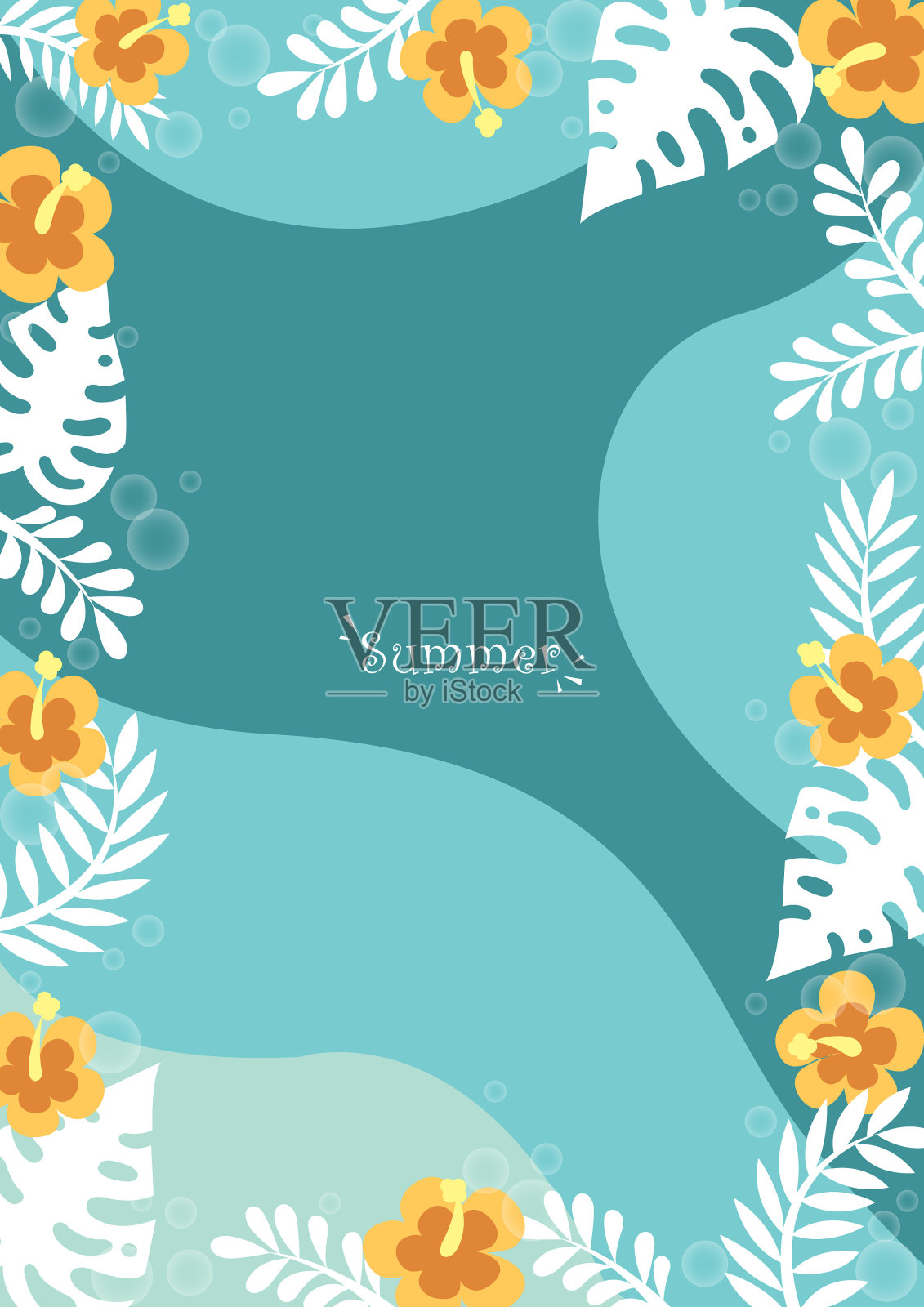 芙蓉花与白色热带叶子框架上抽象的海洋背景矢量装饰夏季假期主题概念。插画图片素材