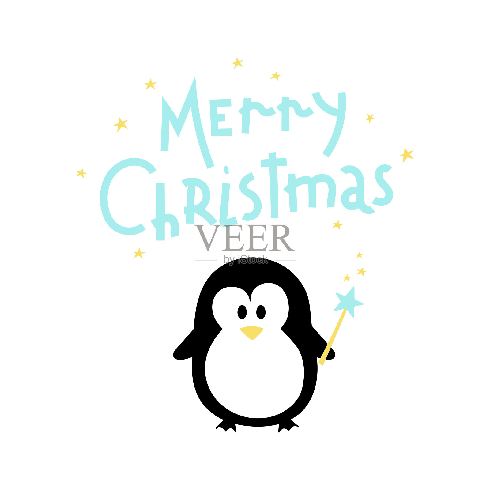 可爱的圣诞贺卡矢量图:手写圣诞快乐和带魔杖的企鹅插画图片素材