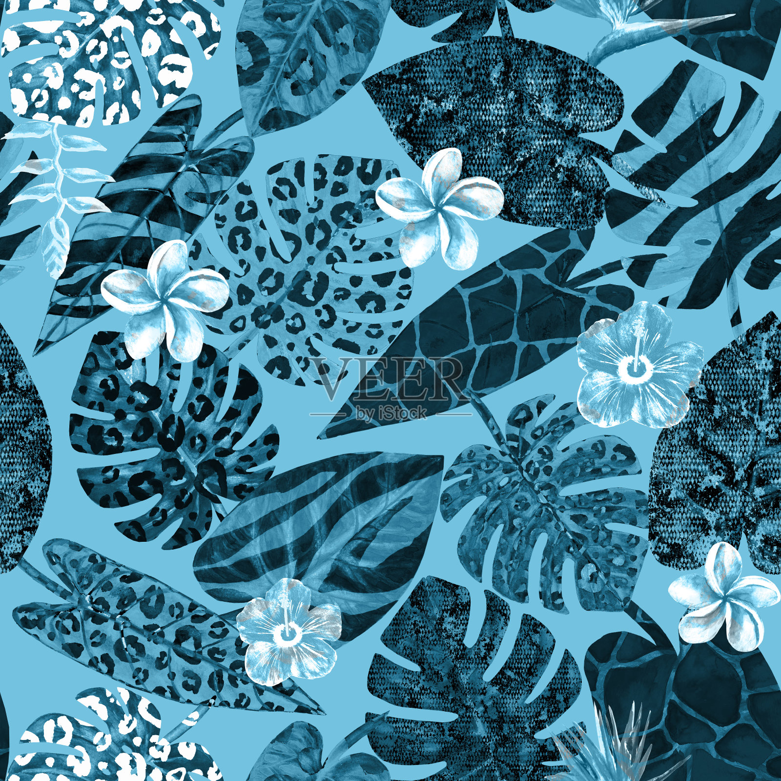 水彩超现实抽象无缝模式与热带外来植物插画图片素材
