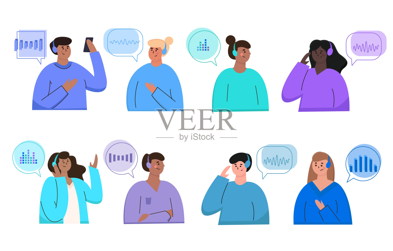 播客概念。关于播客的插图集。人们戴着耳机听音乐插画图片素材