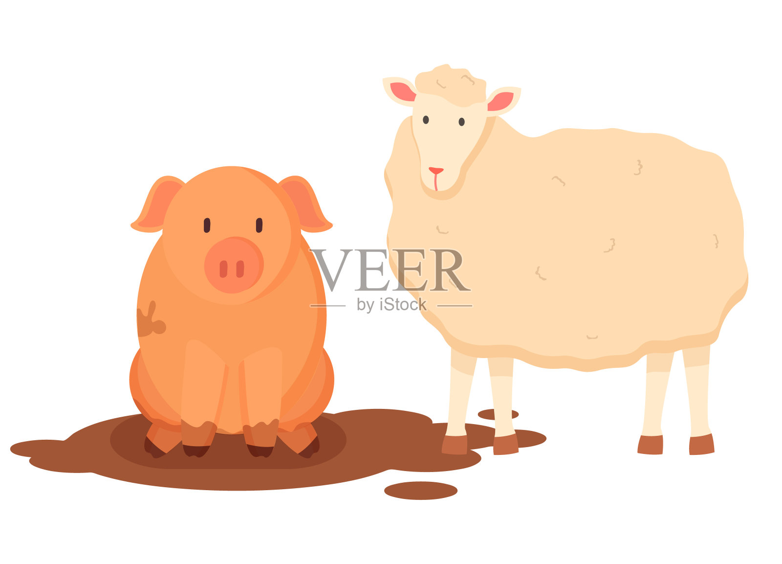 羊与羊毛和猪坐在污垢向量插画图片素材