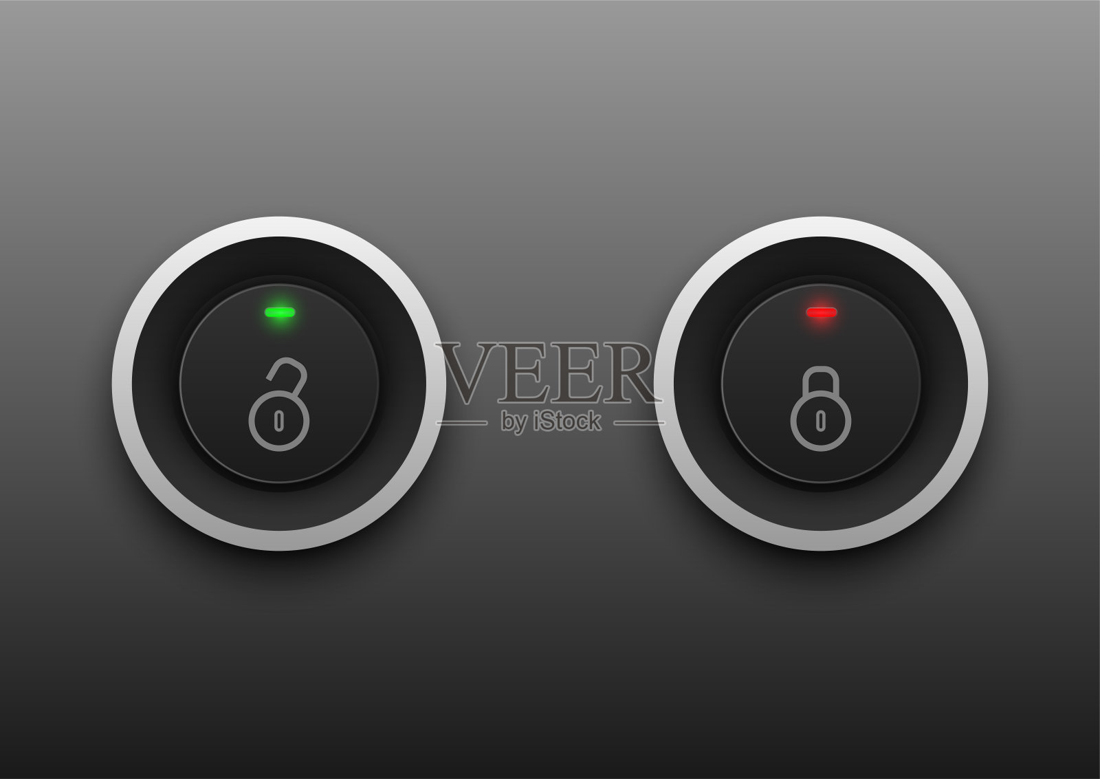 现代锁按钮与绿色led灯和现代解锁按钮与红色led光矢量设计。设计元素图片