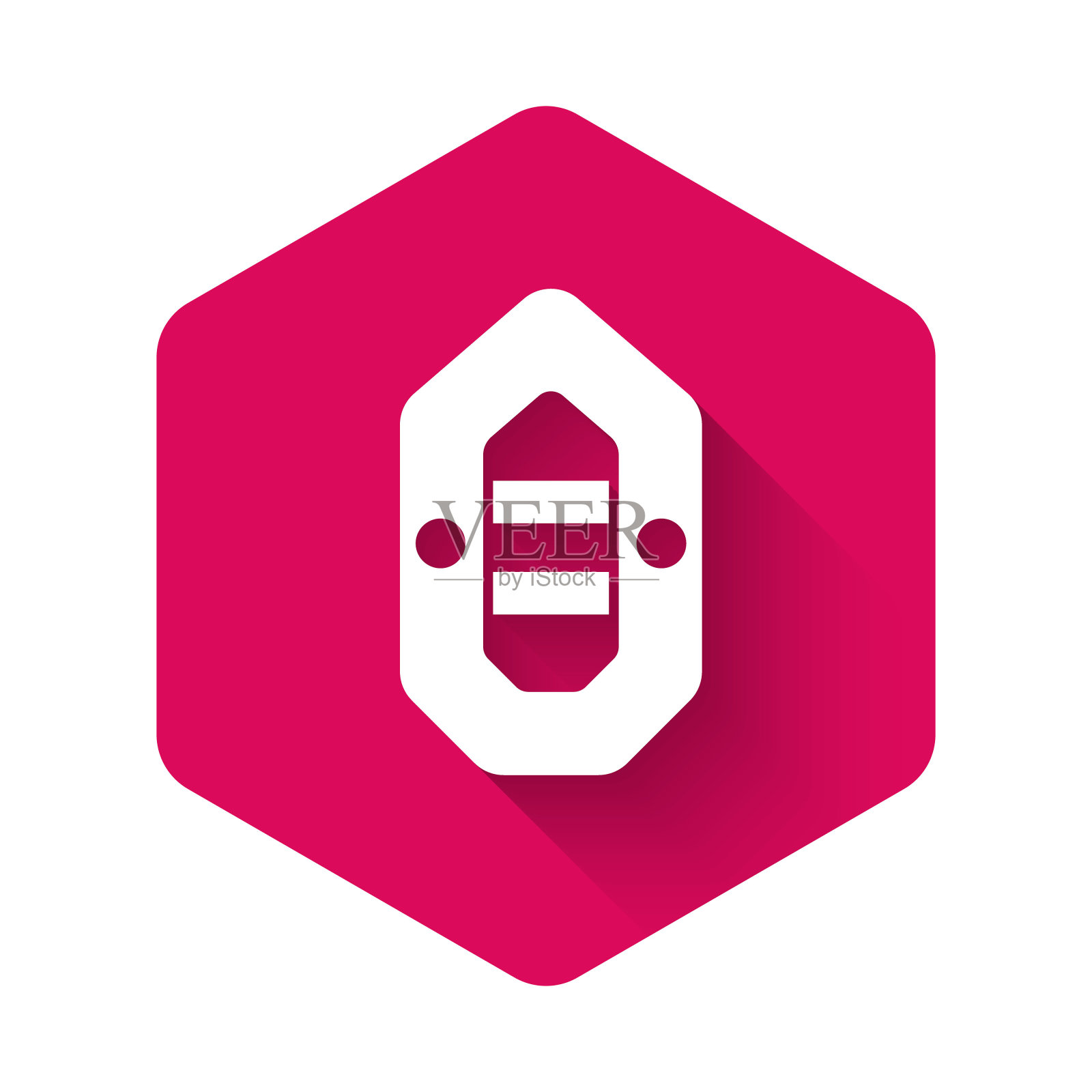 白色漂流船图标孤立与长影子。充气艇。水上运动,极限运动,假期,假期。粉红色的六角按钮。矢量图图标素材