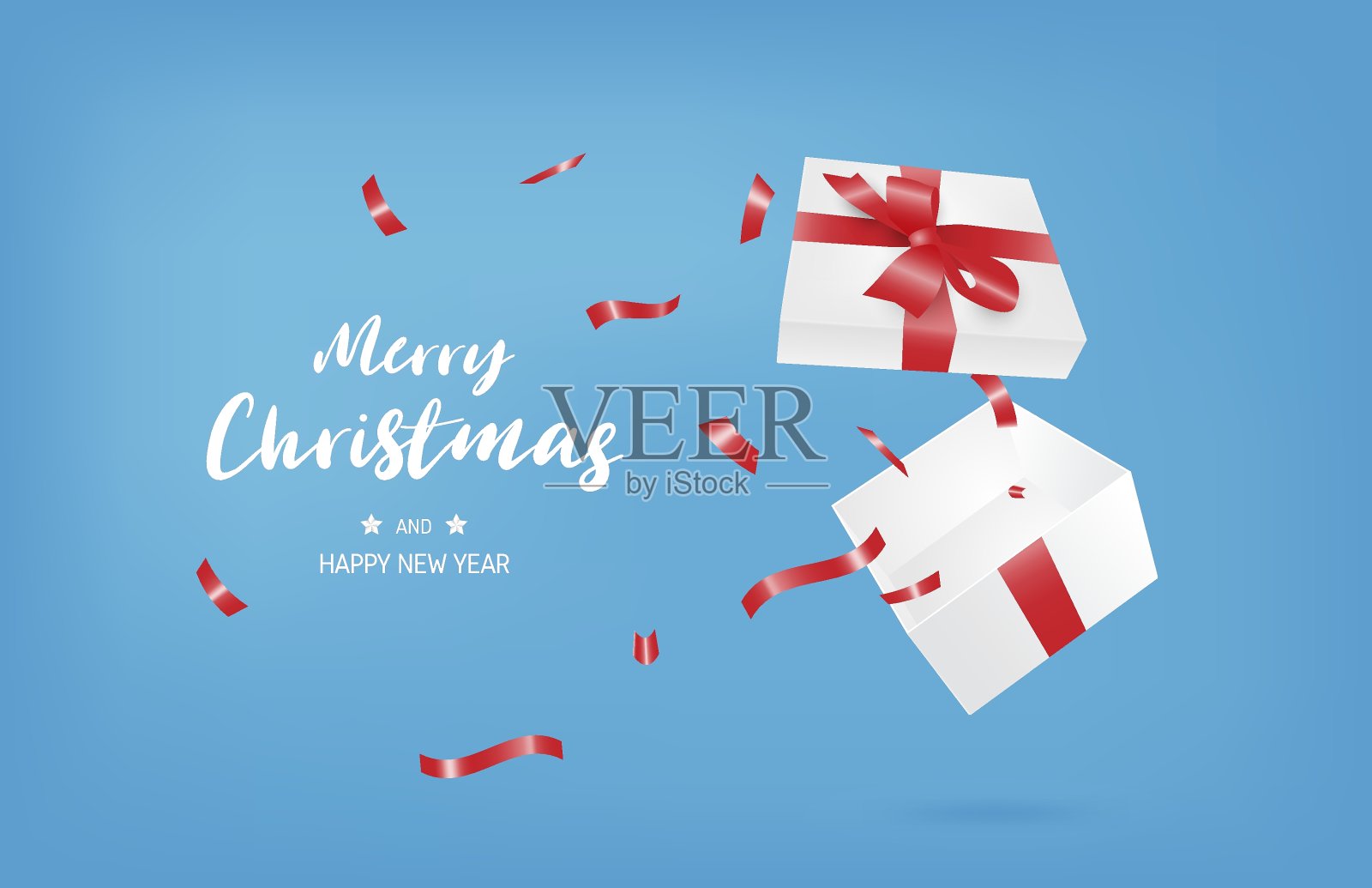 圣诞快乐,新年快乐的旗帜与打开的礼物盒在蓝色的背景。插画图片素材