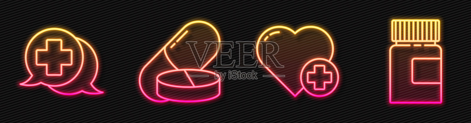 设线心与十字架,与医生对话,药丸或药片和药瓶。发光的霓虹灯图标。向量插画图片素材