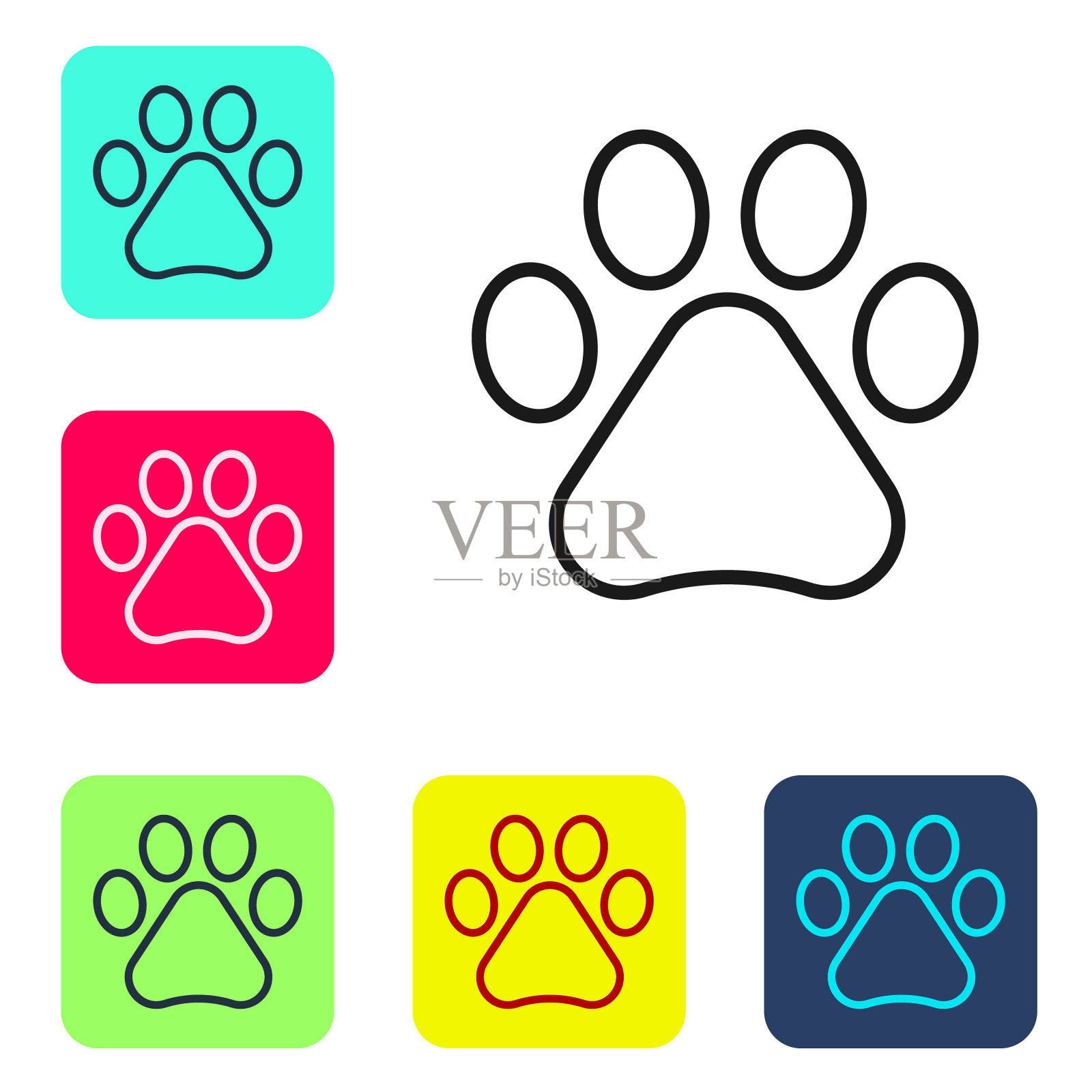 黑色线爪印图标孤立在白色背景。狗或猫的爪印。动物跟踪。设置图标的颜色方形按钮。向量图标素材