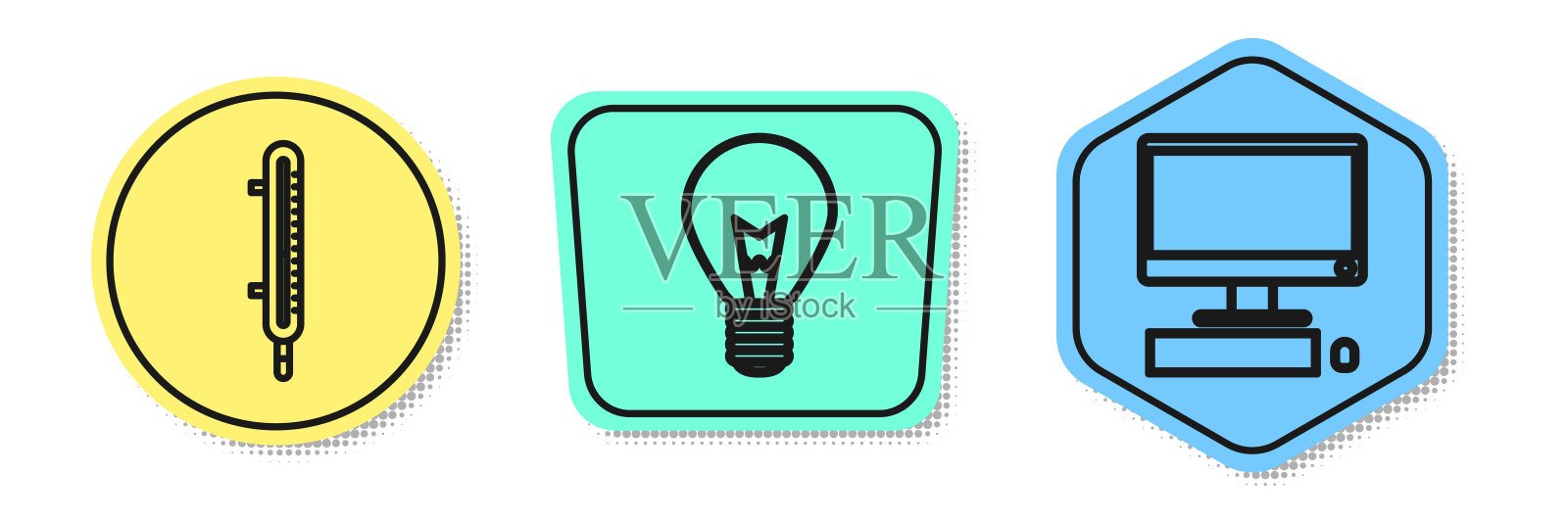 设置气象温度计测量线,带概念概念的灯泡,带键盘和鼠标的电脑显示器。颜色的形状。向量插画图片素材