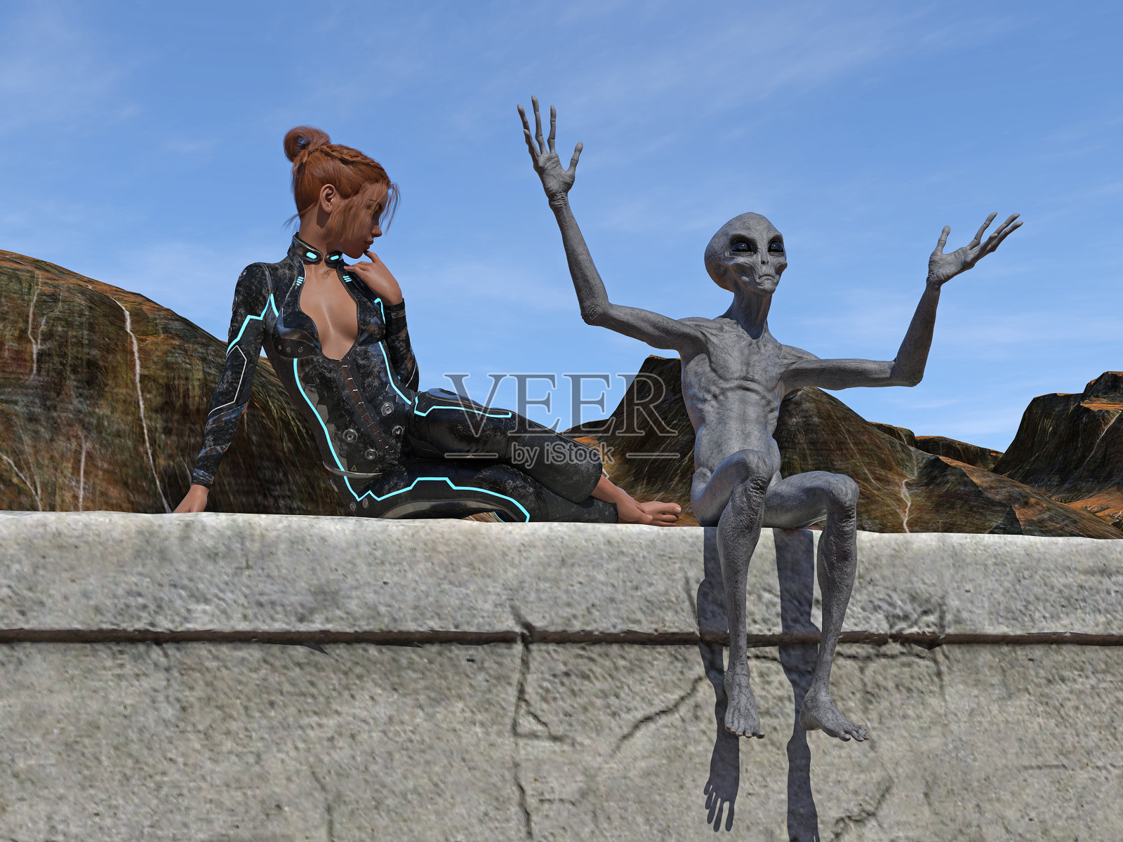 灰色外星人与年轻女子插画:外星人坐在石凳上,女子在一旁倾听照片摄影图片